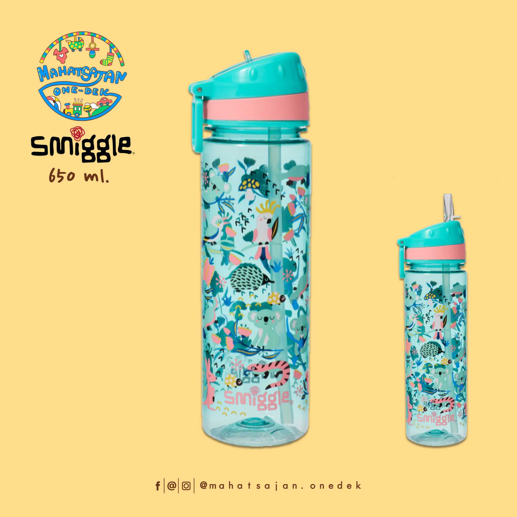 Smiggle Drink Up Plastic Drink Bottle 650 ml.  กระบอกน้ำพลาสติก หลอดดูด บรรจุ 650 มล.