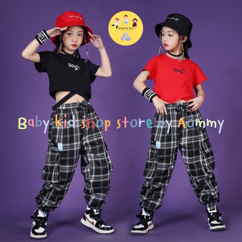 (พร้อมส่ง) ชุดเซตเสื้อกางเกงสไตล์ฮิปฮอป เสื้อยืดแขนสั้น เอวลอยฮิปฮอป สำหรับเด็กผู้หญิง แยกขาย