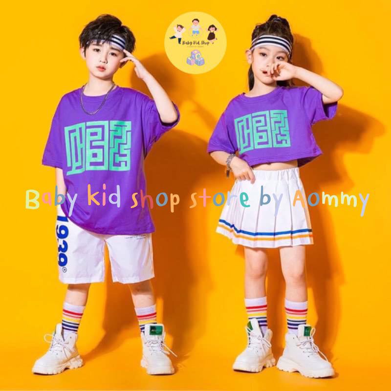 (พร้อมส่ง) ชุดเซตเสื้อครอปสีม่วง + กระโปรงสั้น/กางเกงขาสั้น เด็กผู้หญิง สไตล์ฮิปฮอป ดูดีน่ารัก