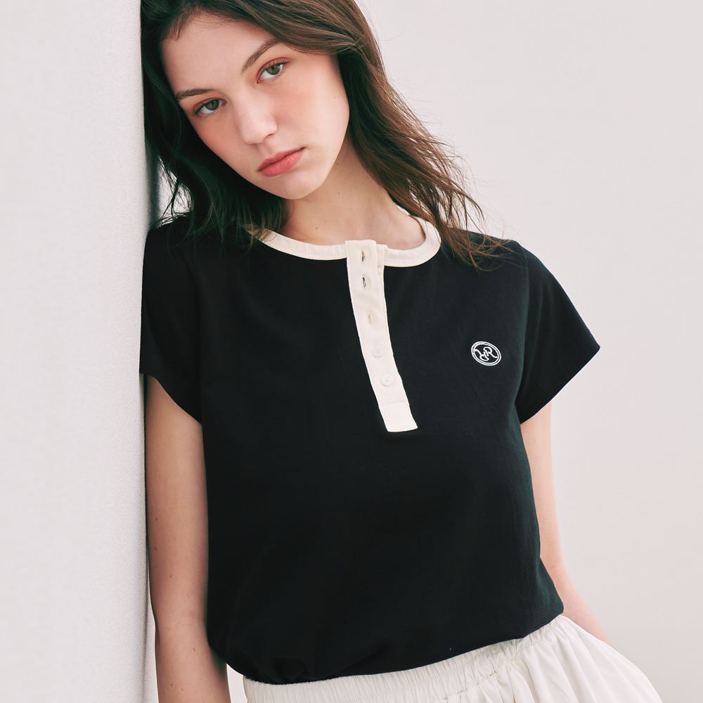 (พร้อมส่ง) Ronron henryneck half t-shirt black