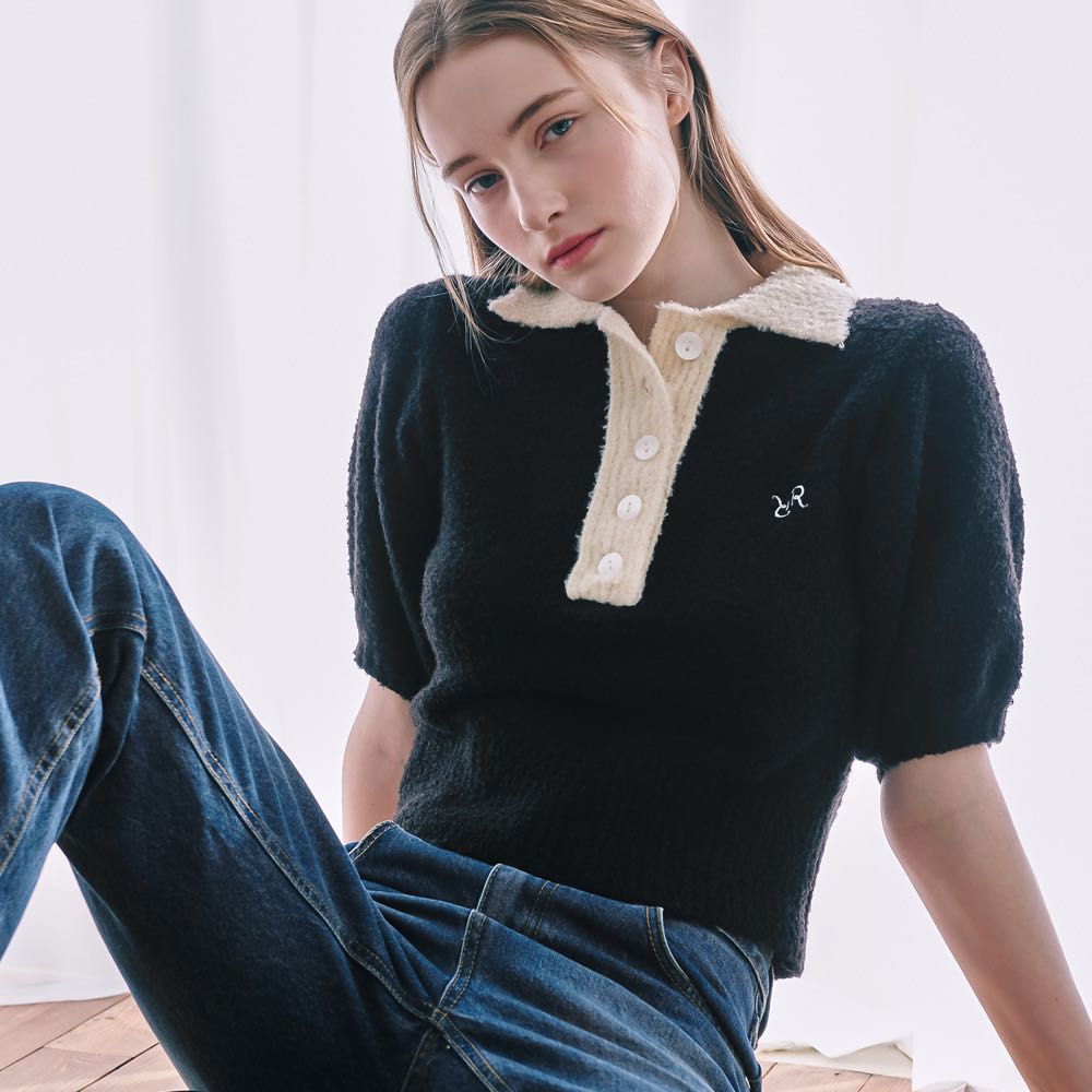 (พร้อมส่ง) Ronron button collar knit black ivory