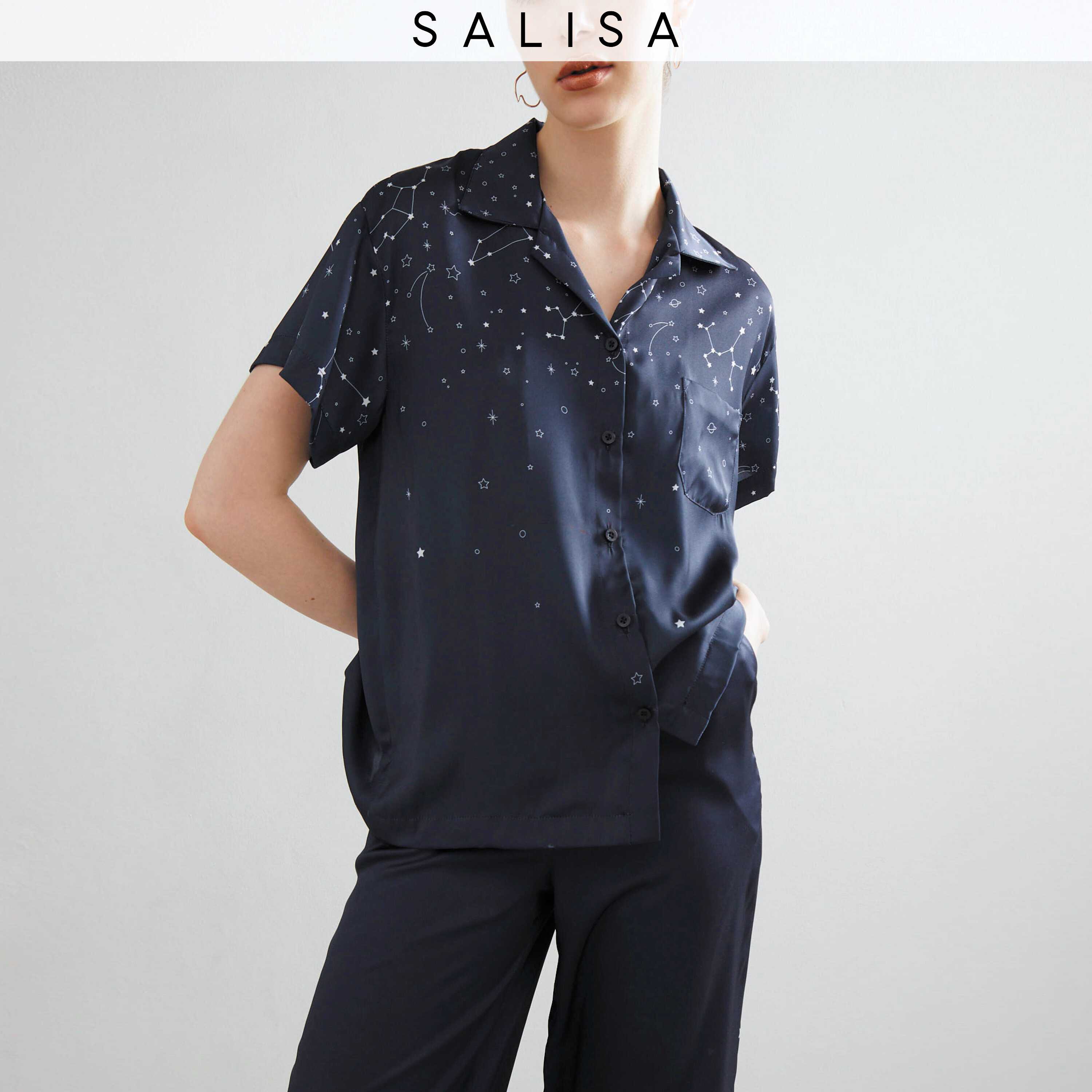 PJ SHIRT Silk Navy Zodiac with Asymmetric Hem