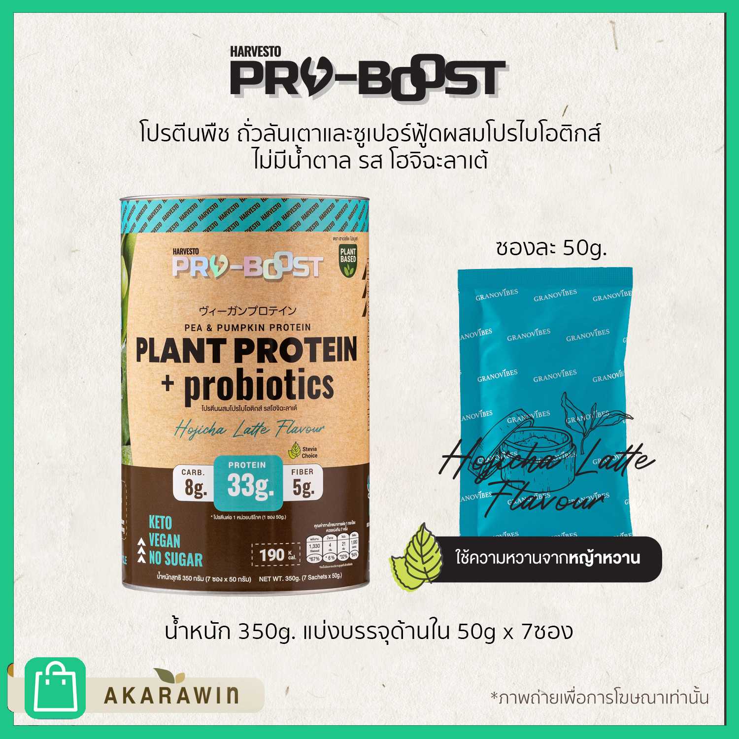 โปรตีนถั่วลันเตาเชค⚡️ ผสมโปรไบโอติกส์ ไม่ใส่น้ำตาล รสโฮจิฉะลาเต้ ตรา ฮาเวสโตะ​ โปรบูสท์