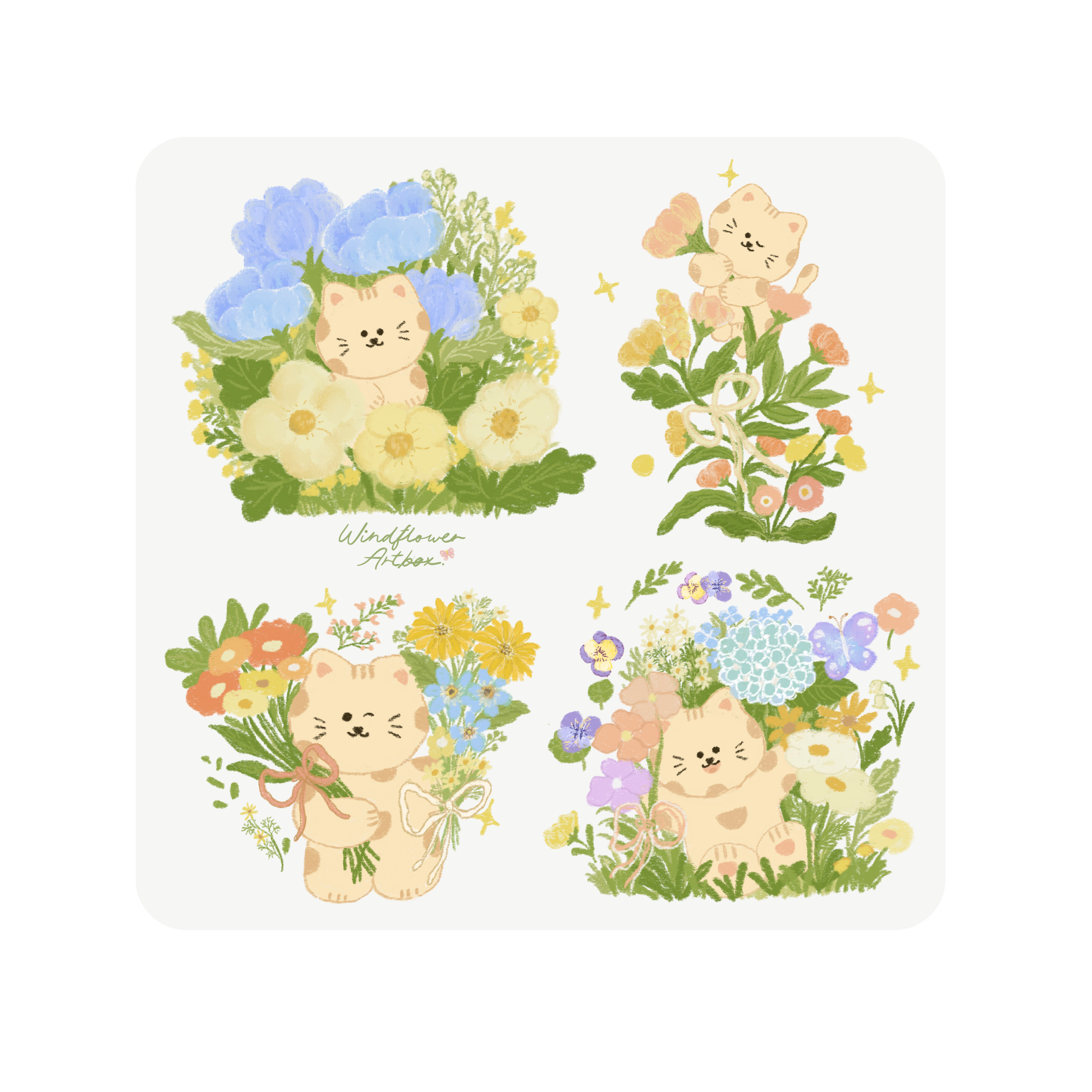 Meoww’s flowers square sticker 4”x4”