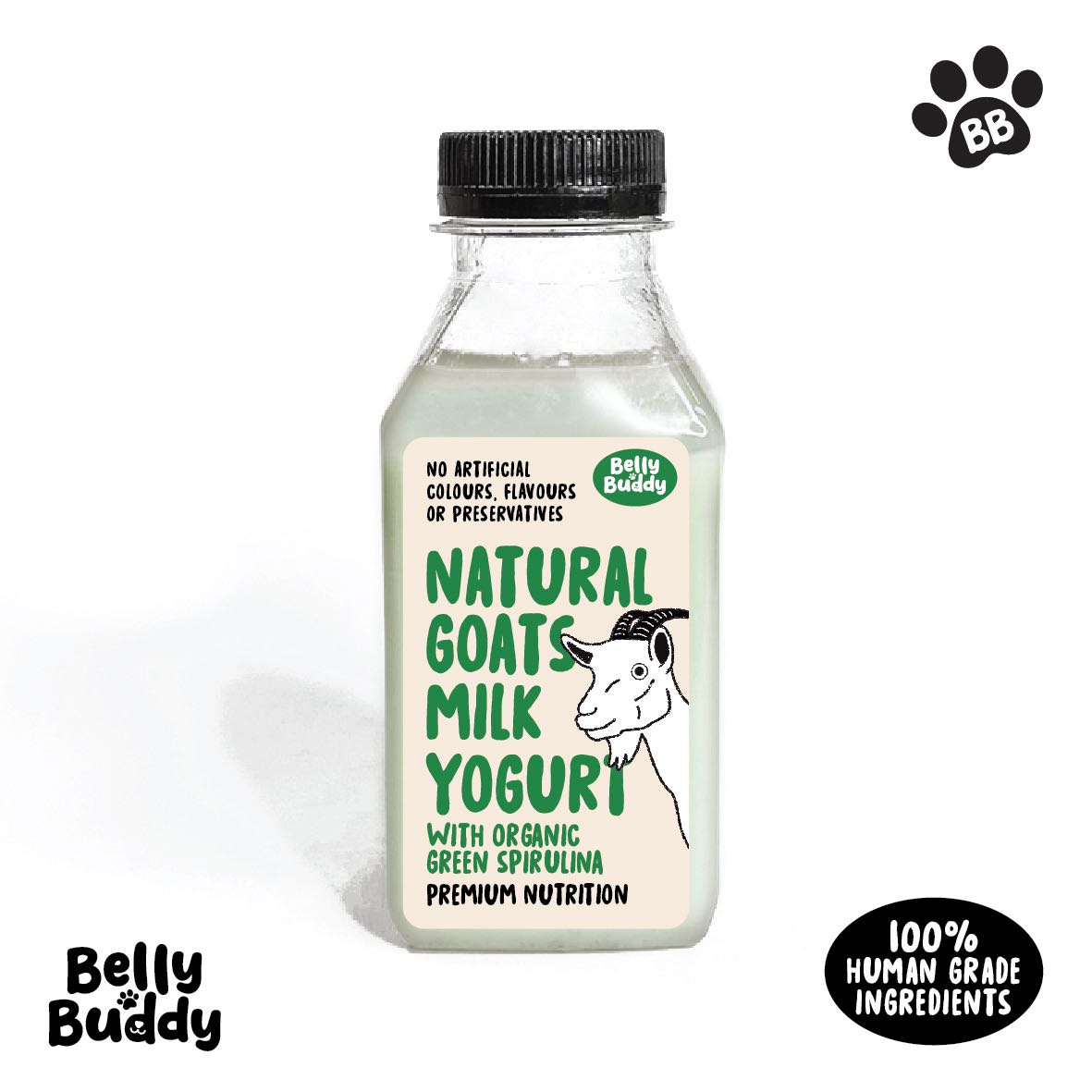 Belly Buddy โยเกิร์ตนมแพะ ผสมสาหร่ายสไปรูลิน่า ขนาด120ml สำหรับสุนัขและแมว