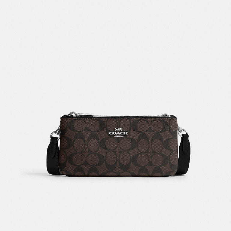 Coach CJ790 Double Zip Crossbody (SVBRB) กระเป๋าสะพายข้างผู้หญิง สี Sv/Brown Black