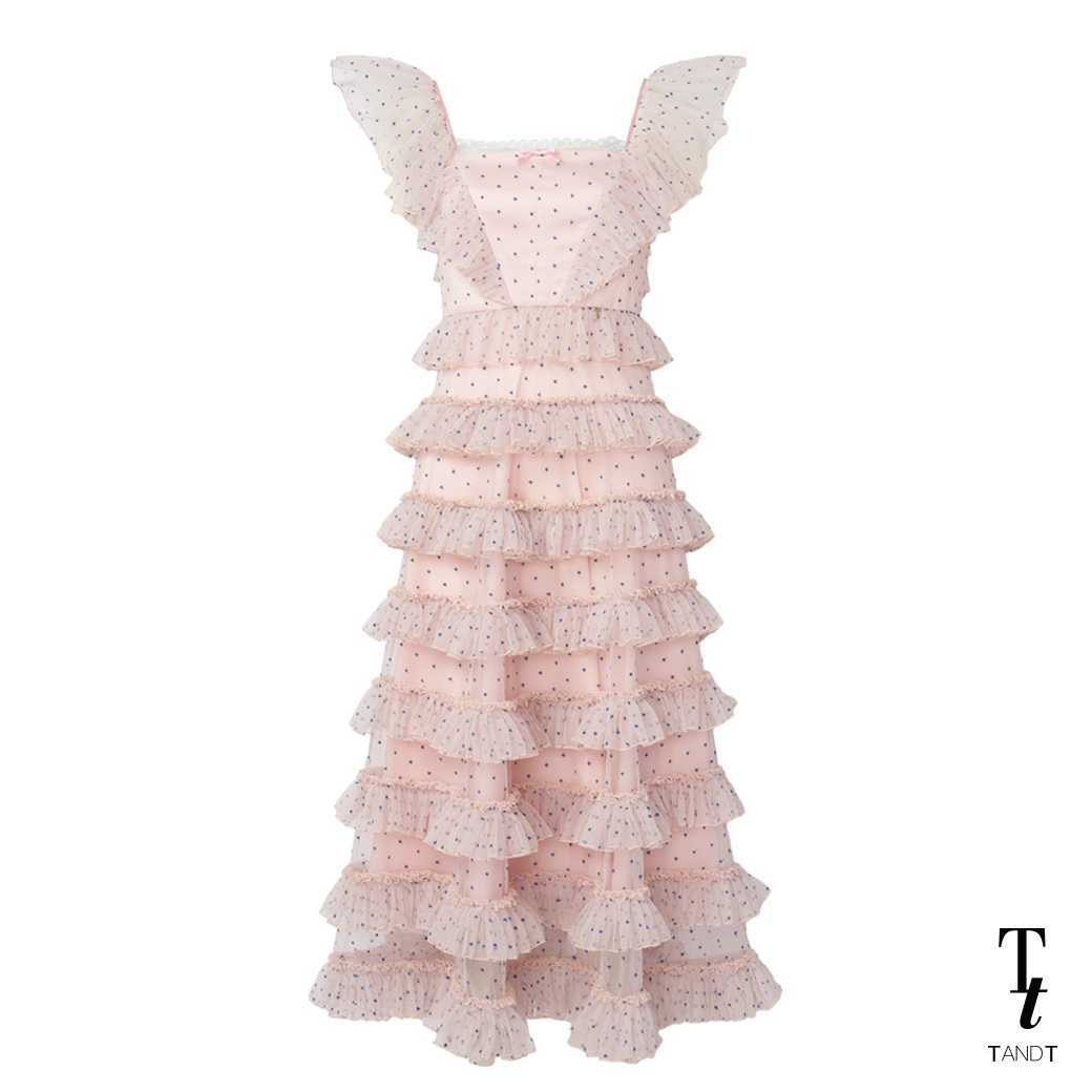 EDITH DRESS - POLKA-DOT LAYER RUFFLE TRIMMED TULLE MAXI DRESS