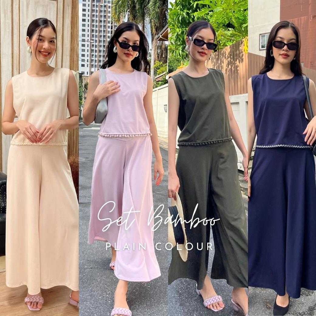 Set Pants Bamboo เซ็ทเสื้อแขนกุด&กางเกงขาบานสีพื้น