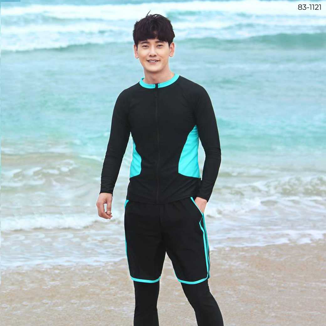 83-1121 ชุดว่ายน้ำผู้ชาย แถบสีฟ้าอมเขียว