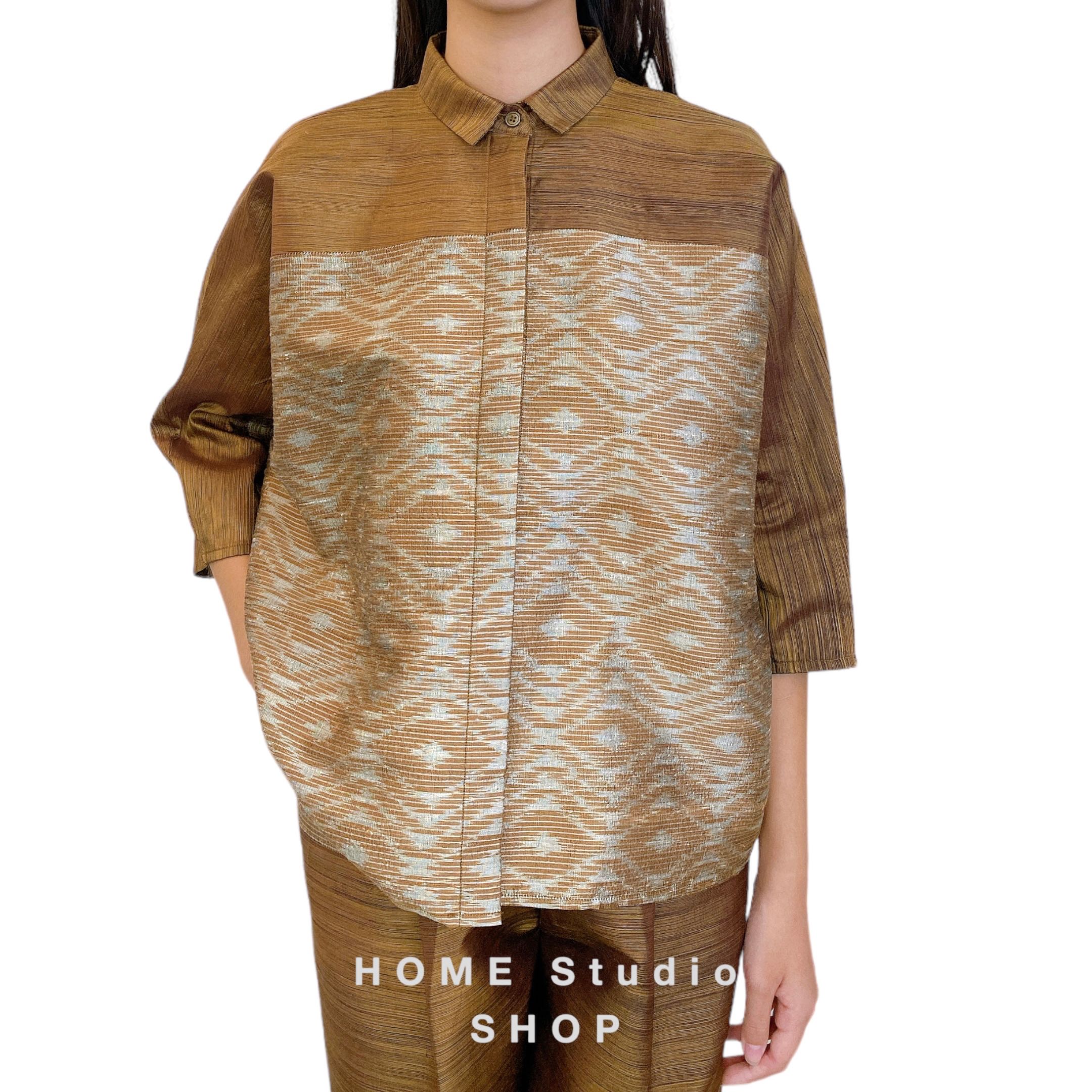 Two-tone Silk Shirt: Dark Gold