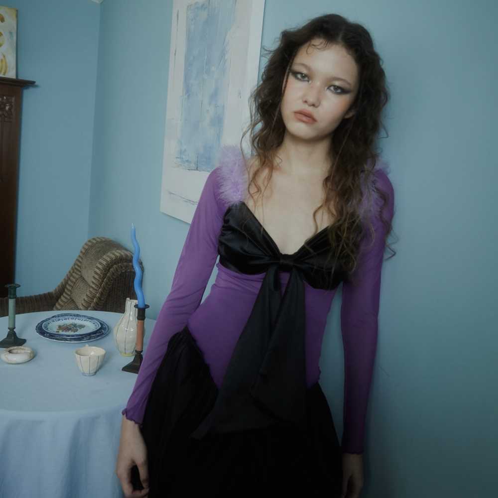 BLACKDOG BKK - AW2306 - Witches blouse - เสื้อผ้ายืดตาข่ายตกแต่งโบว์ติดขน