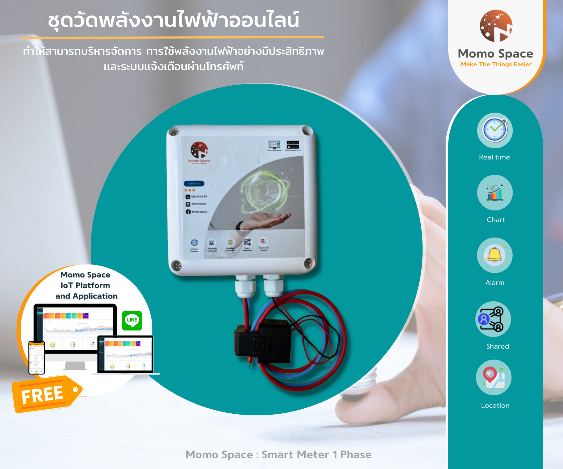 ชุดวัดพลังงานไฟฟ้าออนไลน์ 1 เฟส (Meter 1 Phase) Add on : AC input แบบต่อสาย