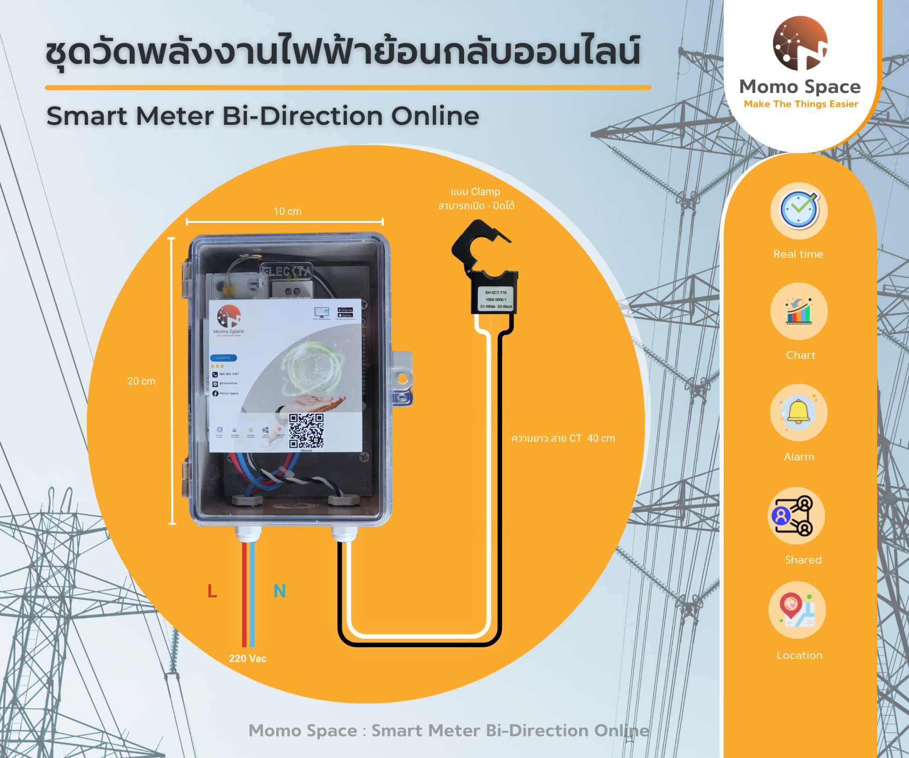 ชุดวัดพลังงานไฟฟ้าย้อนกลับออนไลน์ (Smart Meter Bi-Direction Online) AC input : แบบต่อสาย