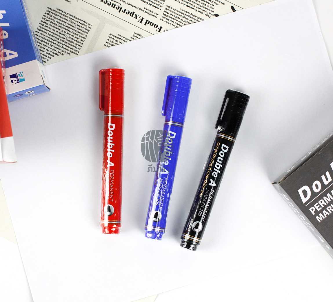 ปากกามาร์คเกอร์ Double A Permanent Marker 200 หัวกลม 2 มม. สีดำ, น้ำเงิน, แดง หมึกกันน้ำ แห้งเร็ว