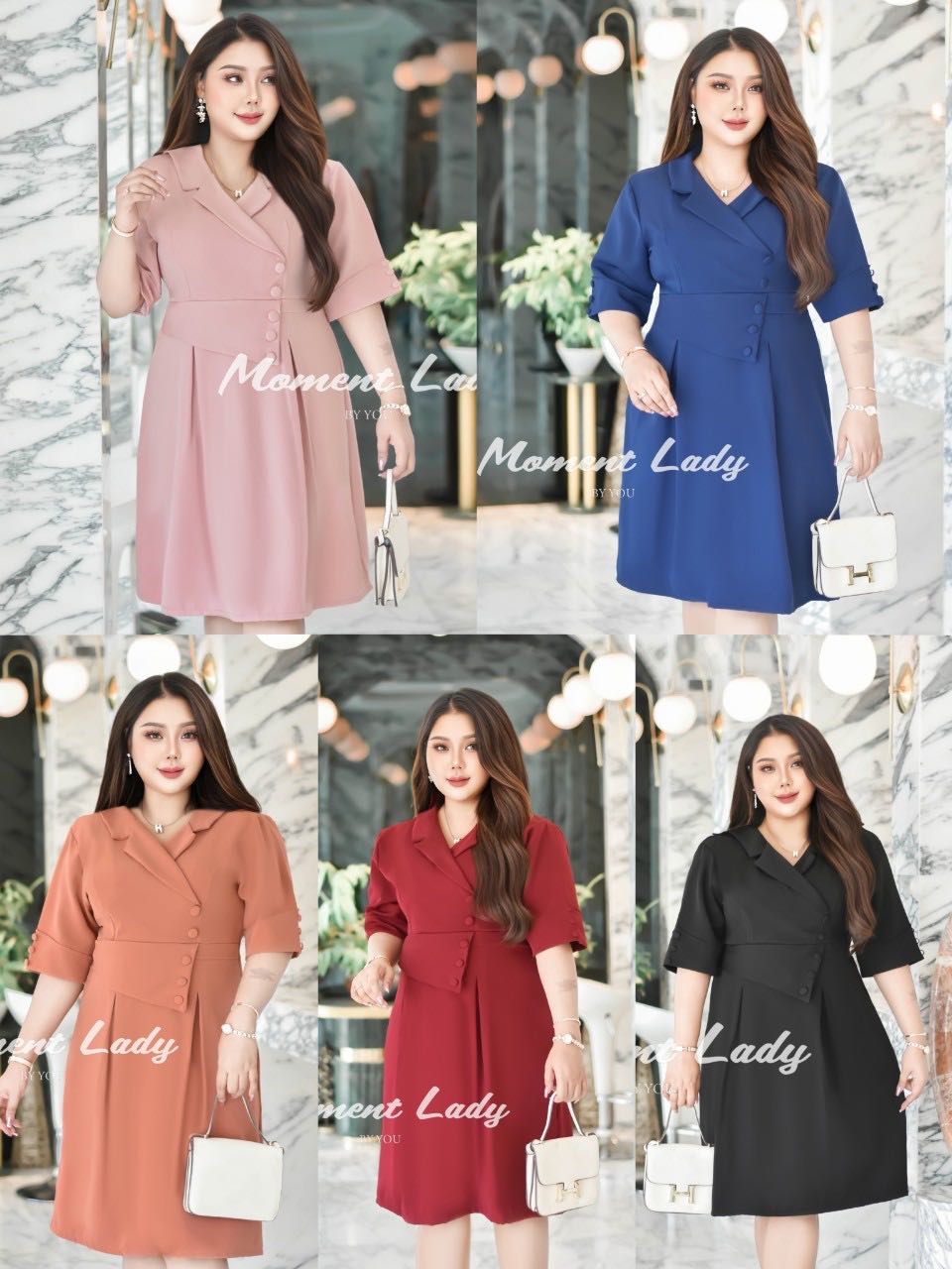 ML 91 เดรสสั้นสุดหรูดีไซค์สำหรับสาวอวบปกสูท แขนสั้นแต่งขอบแขนด้วยกระดุมปั้ม3เม็ด ใส่ทำงาน ใส่ออกงาน