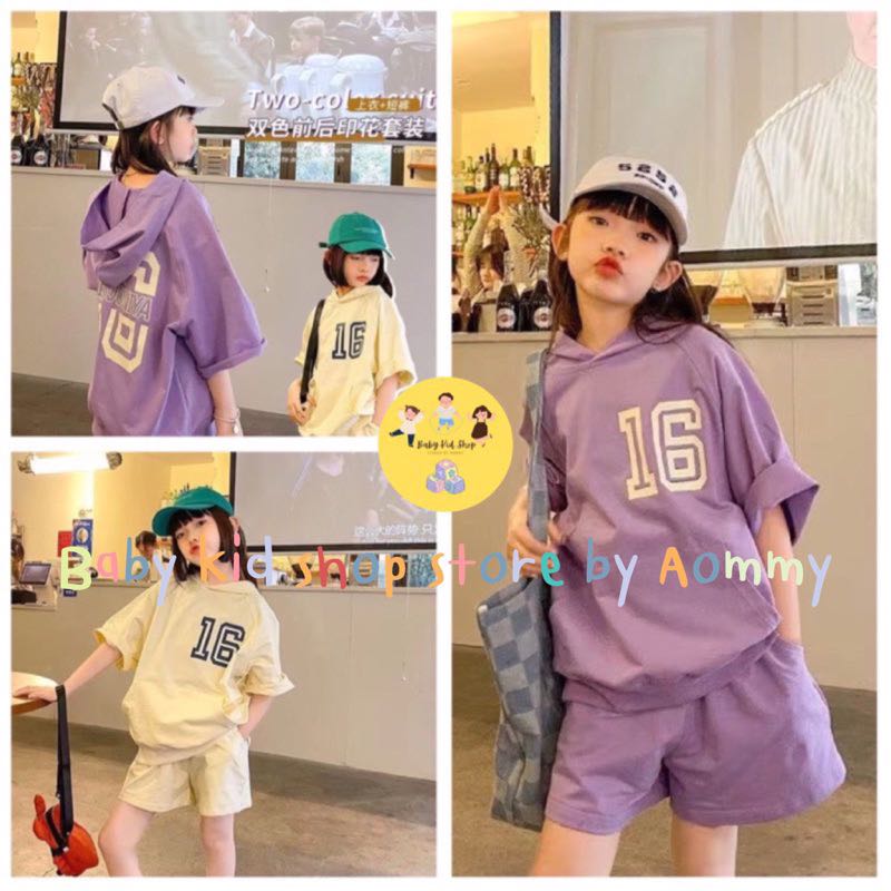 (พร้อมส่ง) ชุดเซตเสื้อแขนสั้นมีฮู้ด พร้อมกางเกงขาสั้นเด็กผู้หญิง แฟชั่นฤดูร้อนสไตล์เกาหลี  