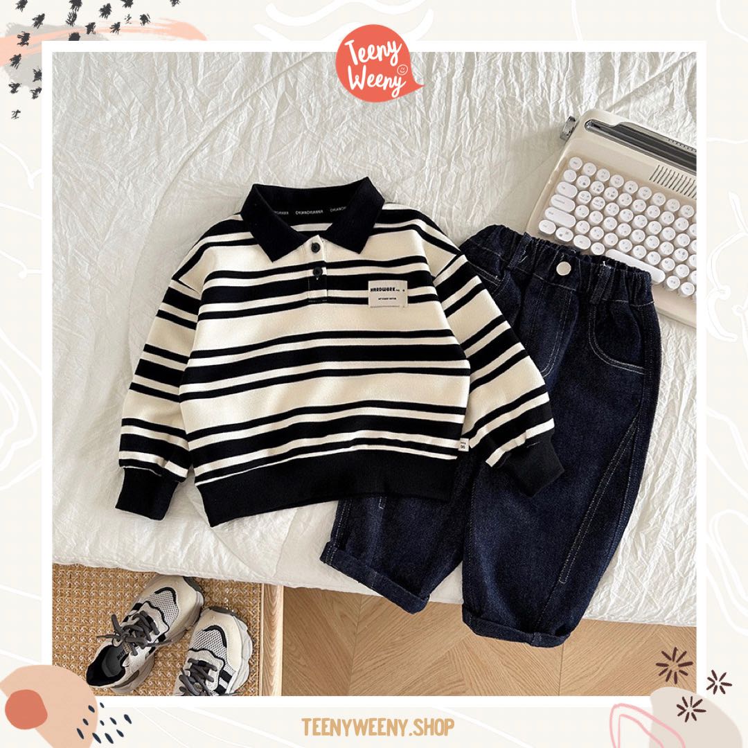 Teenyweeny.shop - B&W Stripes Polo Shirt เสื้อแขนยาวโปโล
