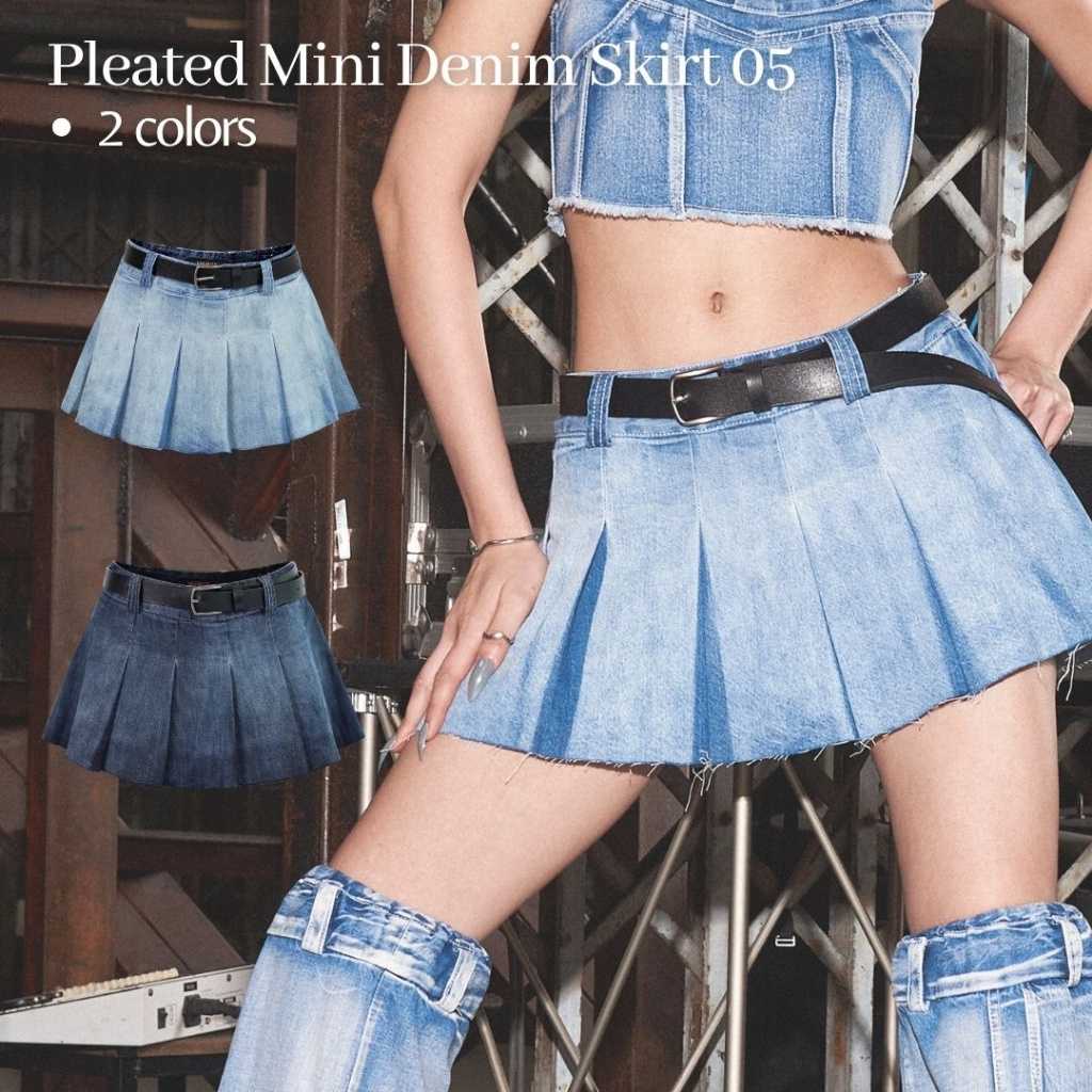 Merge Official - Pleated Mini Denim Skirt 05 2 Colors