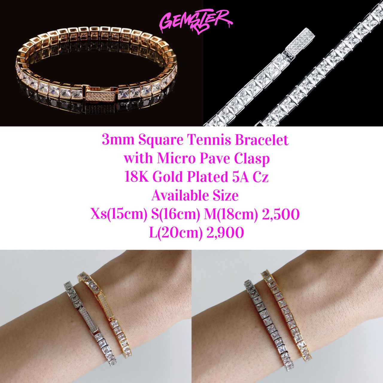 3mm Square Tennis Bracelet with Micro Pave Clasp (2 setting)