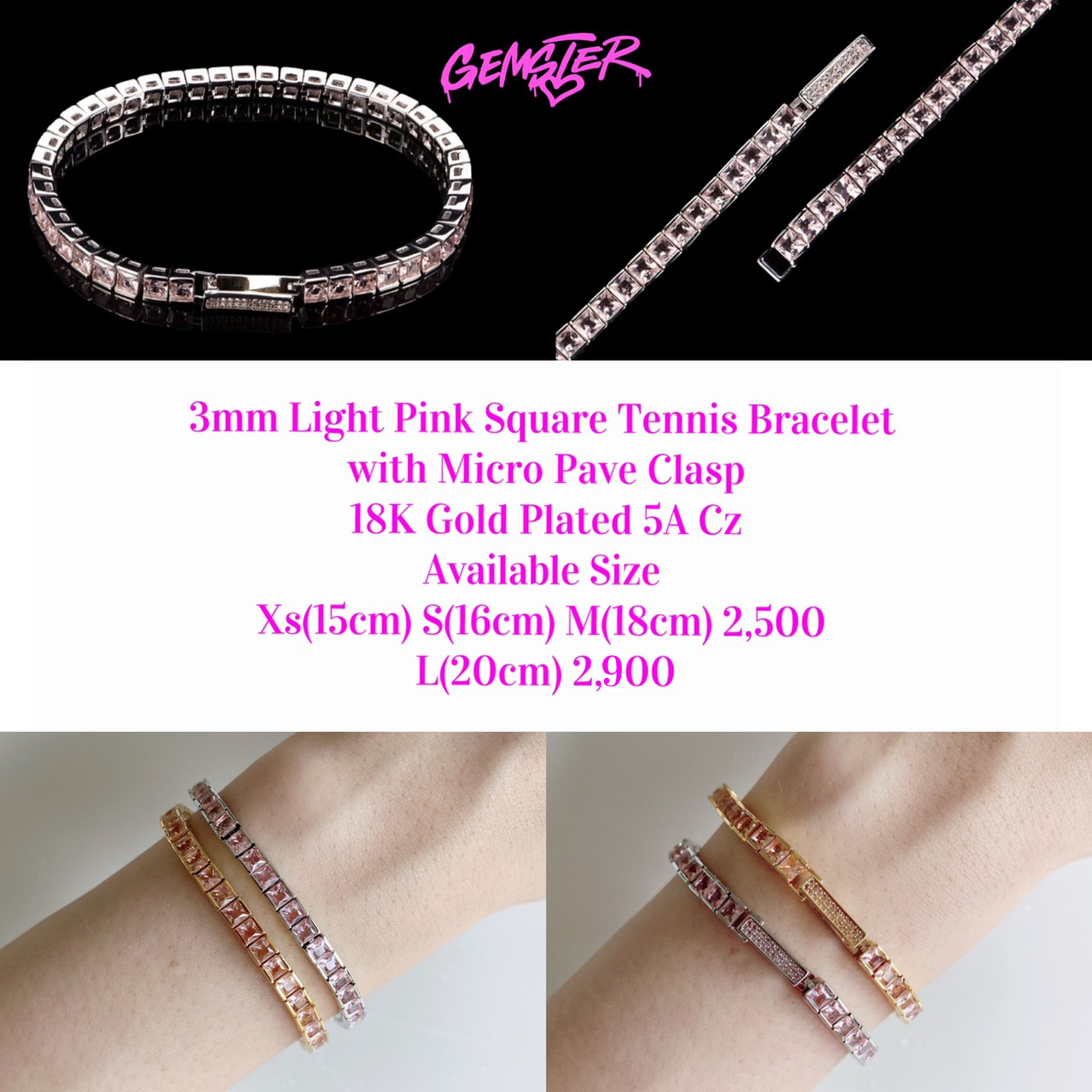 [พร้อมส่ง] 3mm Light Pink Square Tennis Bracelet with Micro Pave Clasp