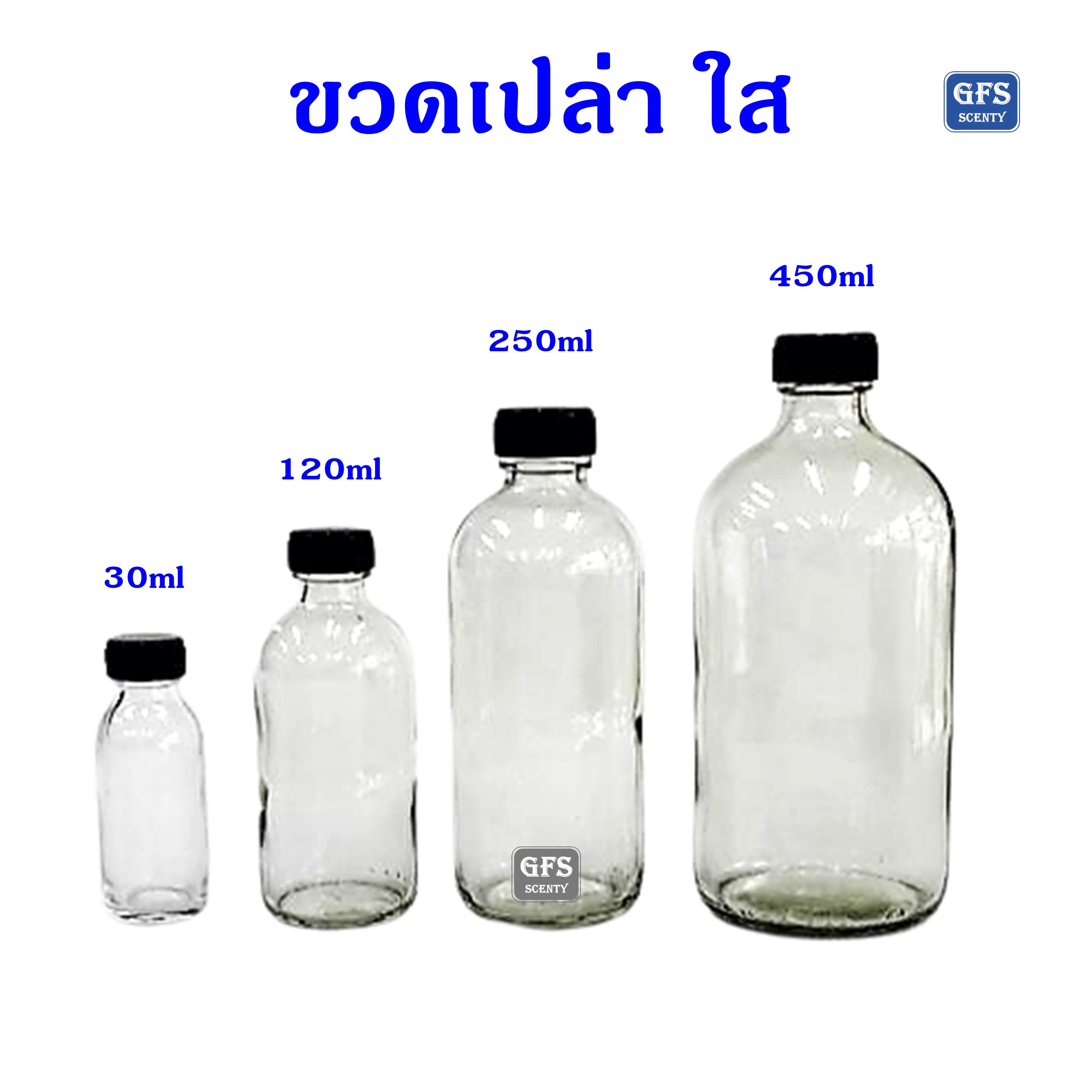 ขวดเปล่าใส ขวดผสมน้ำหอม ขวดใส่น้ำหอม หรือของเหลว พร้อมจุกใน ฝาพลาสติกสีดำ ปริมาณ 30-450 มล.