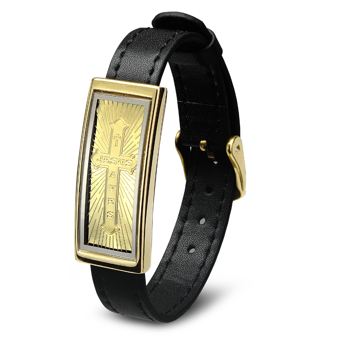Cross Black Leather Bracelet