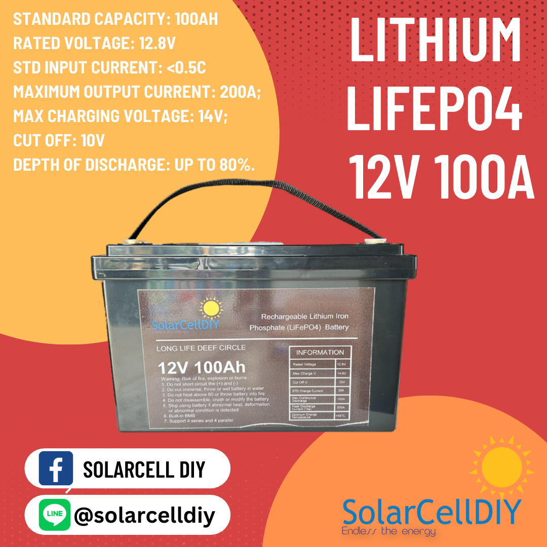 แบตเตอรี่ลิเธียม Lithium LiFePO4 12V 100Ah สำหรับ ระบบโซล่าเซลล์ , มาพร้อม BMS build in