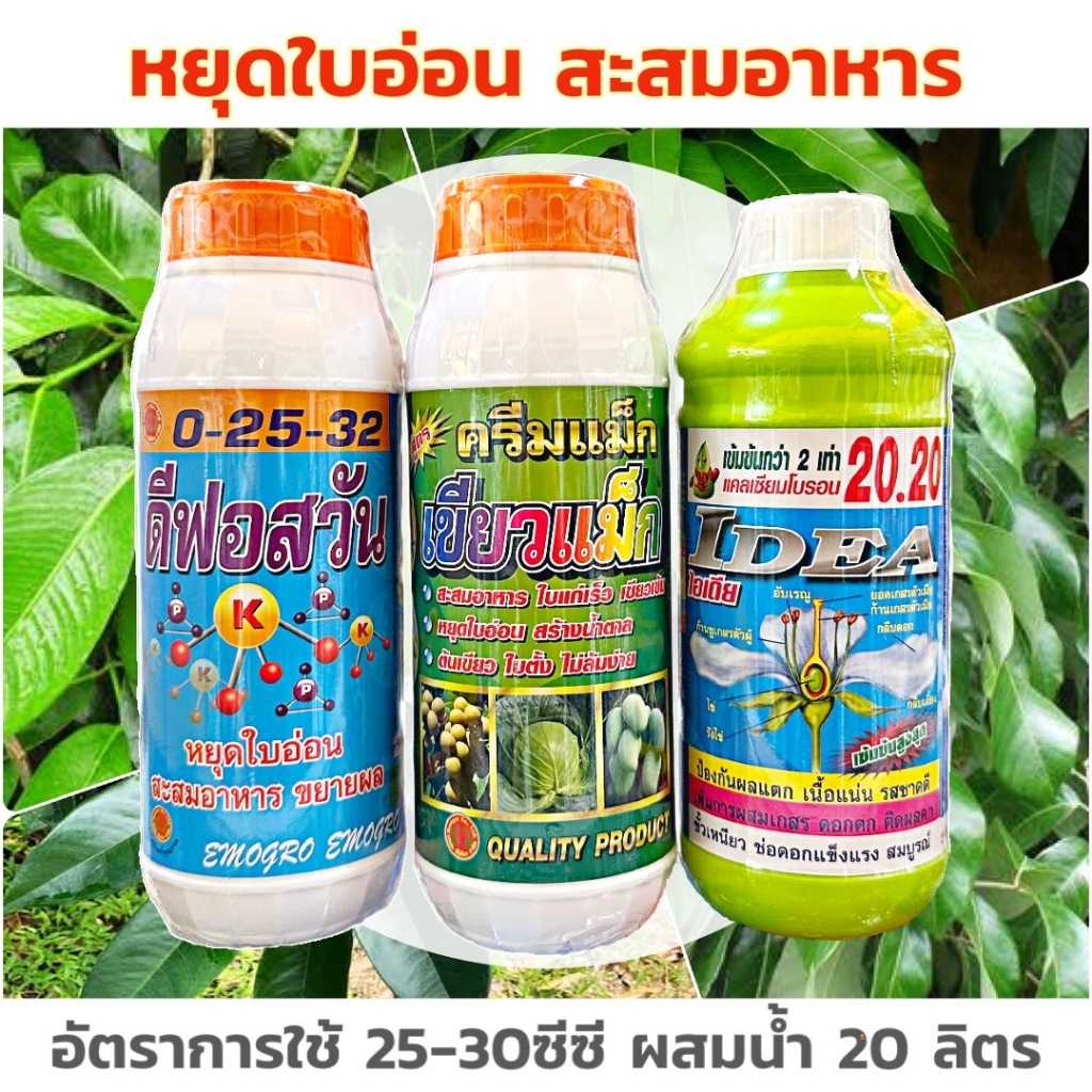 ปุ๋ยน้ำ ชุดหยุดใบอ่อน สะสมอาหาร ไอเดียแคลเซียม-โบรอน 20.20+เขียวแม็กซ์+ปุ๋ยน้ำ 0-25-32 ขนาด 1 ลิตร