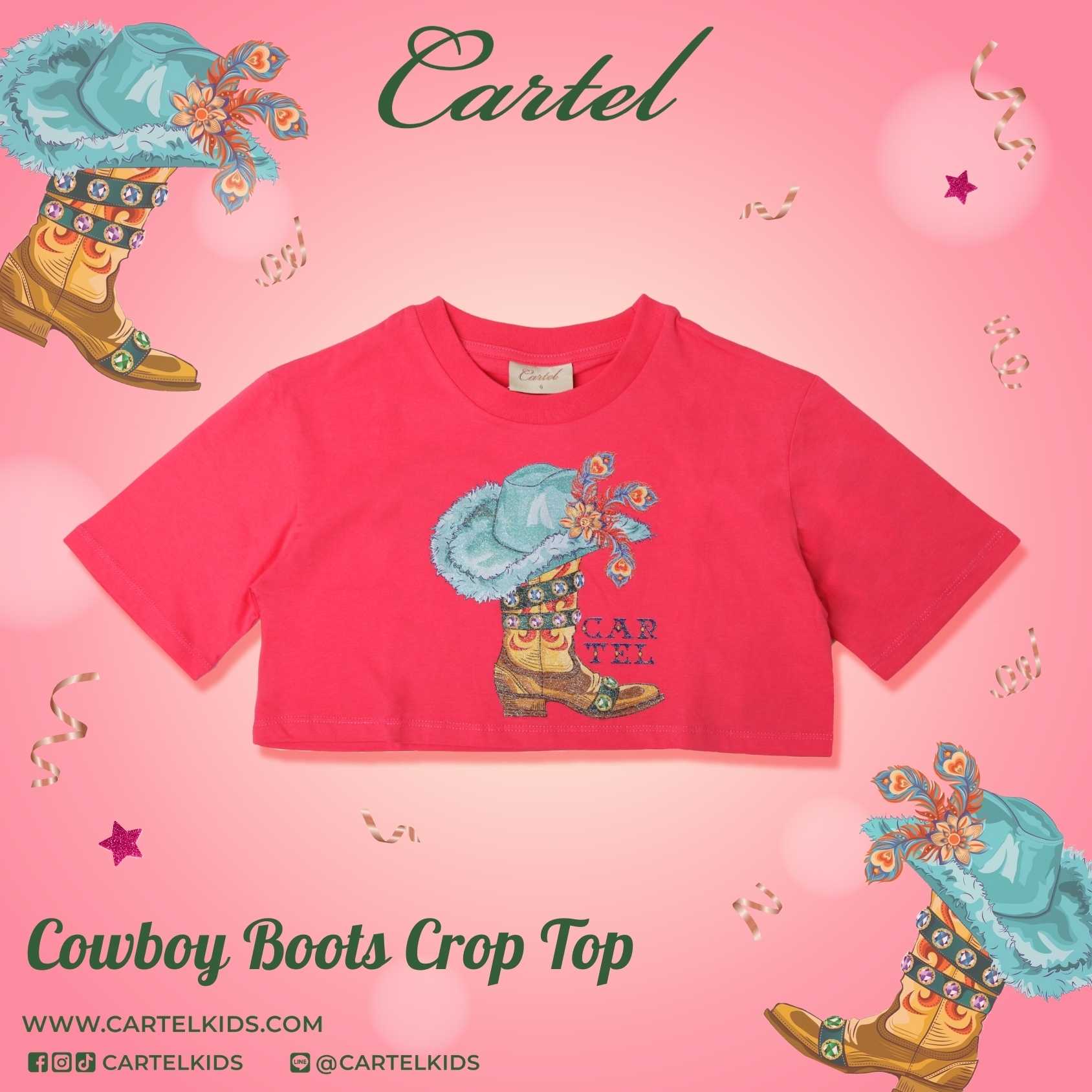 (CV) Cowboy Boots Crop Top เสื้อยืดครอปท็อปเด็กสีชมพูลายบู๊ทคาวบอย Cartelkids