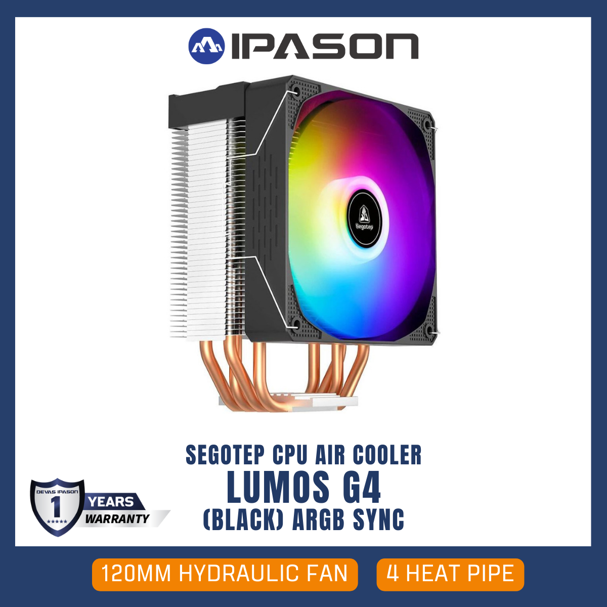 SEGOTEP CPU AIR COOLER (ระบบระบายความร้อนด้วยอากาศ) LUMOS G4 (BLACK) ARGB SYNC - 120MM 4 HEAT PIPE