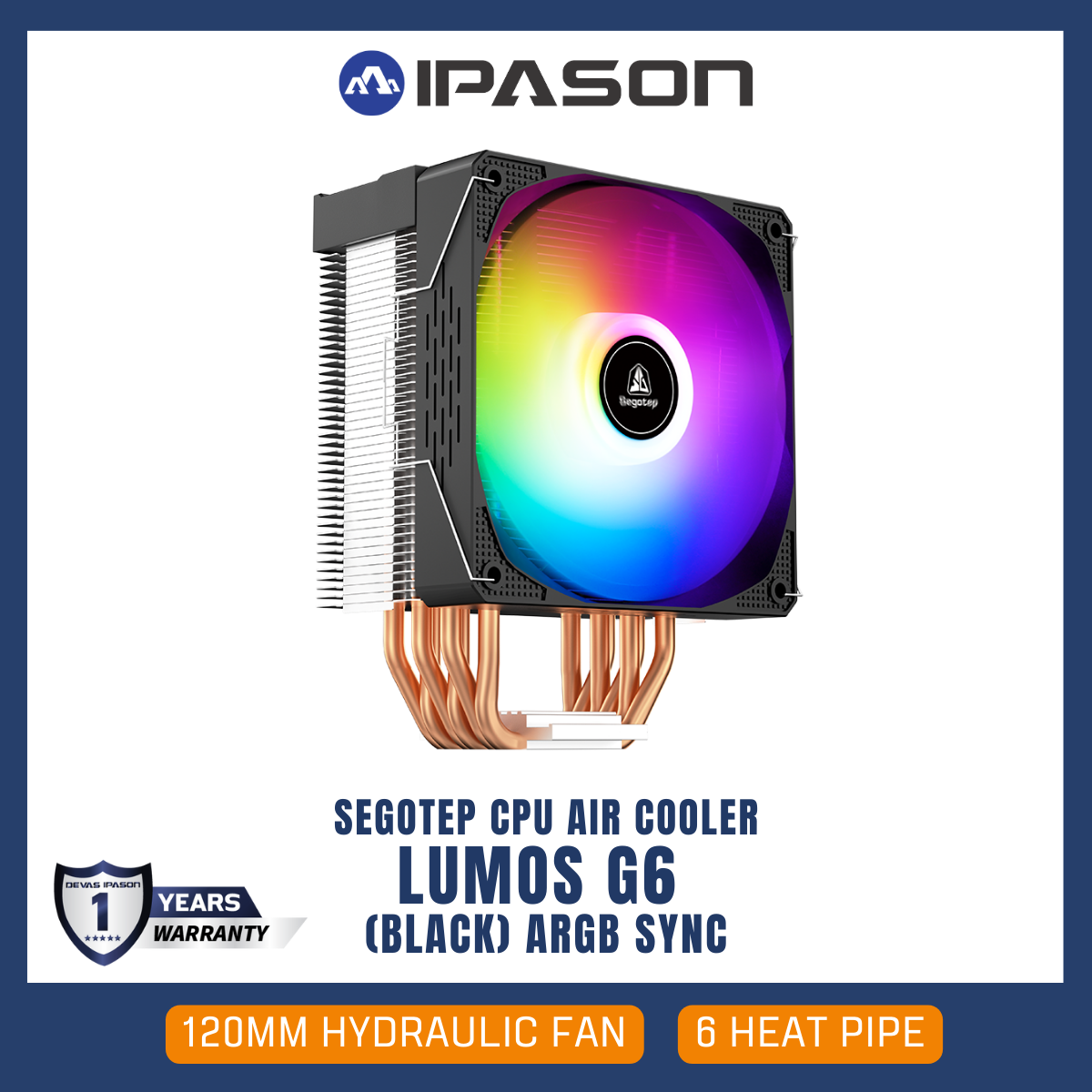 SEGOTEP CPU AIR COOLER (ระบบระบายความร้อนด้วยอากาศ) LUMOS G6 (BLACK) ARGB SYNC - 120MM 6 HEAT PIPE