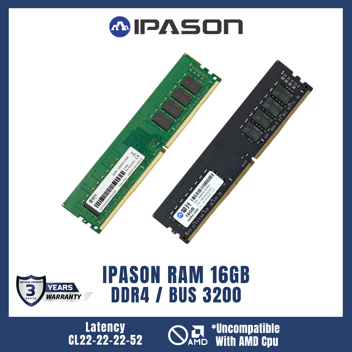 IPASON RAM (OEM) สำหรับ PC แบบ DDR4 บัส 3200 CL22 - ขนาด 1x16GB รับประกัน โดย Devas IPASON (Black)