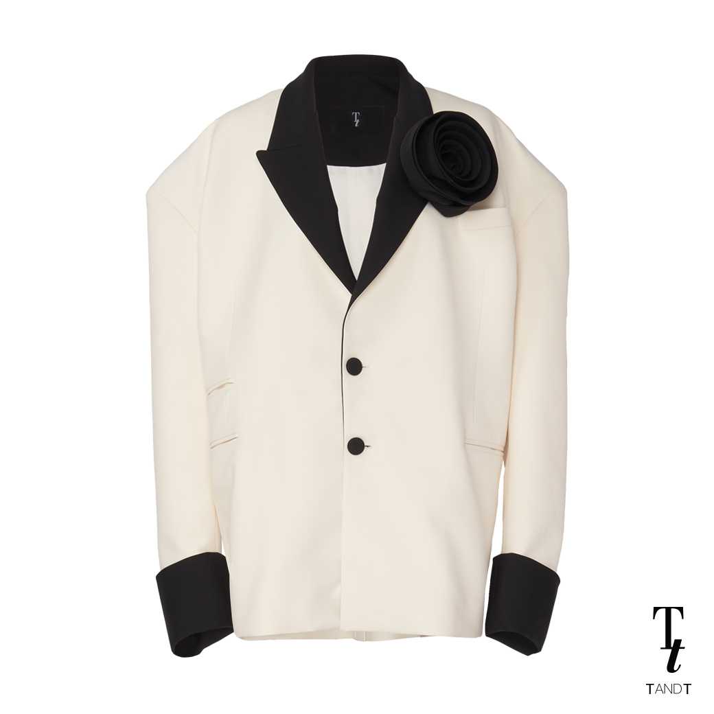 SHERMAN TOP - ROSE HAND-CRAFTED PIN TWO-TONE SHOULDER PADD OVERSIZE BLAZER