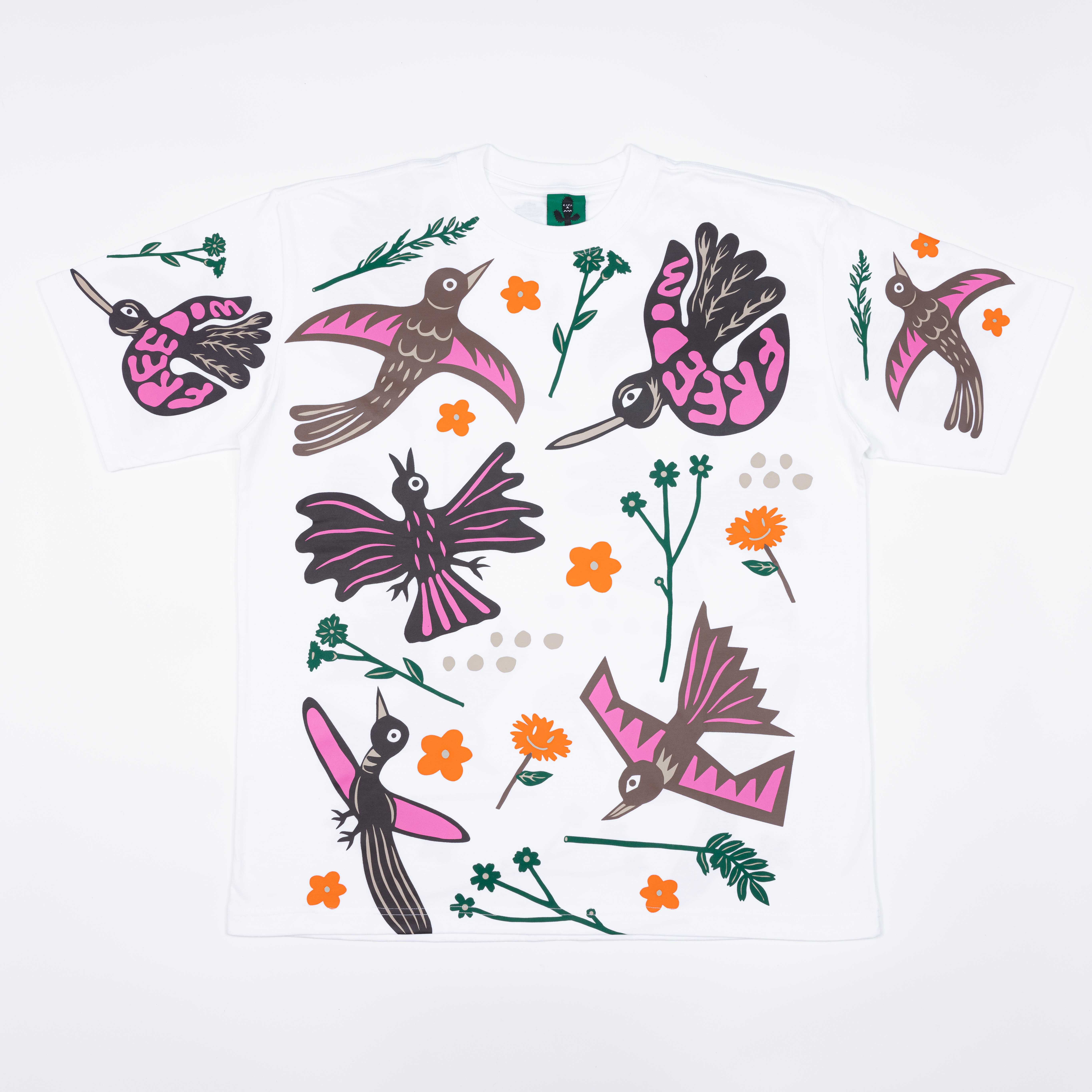BS229 Oversize WHITE  T SHIRT cotton Silkscreen Bird Pattern