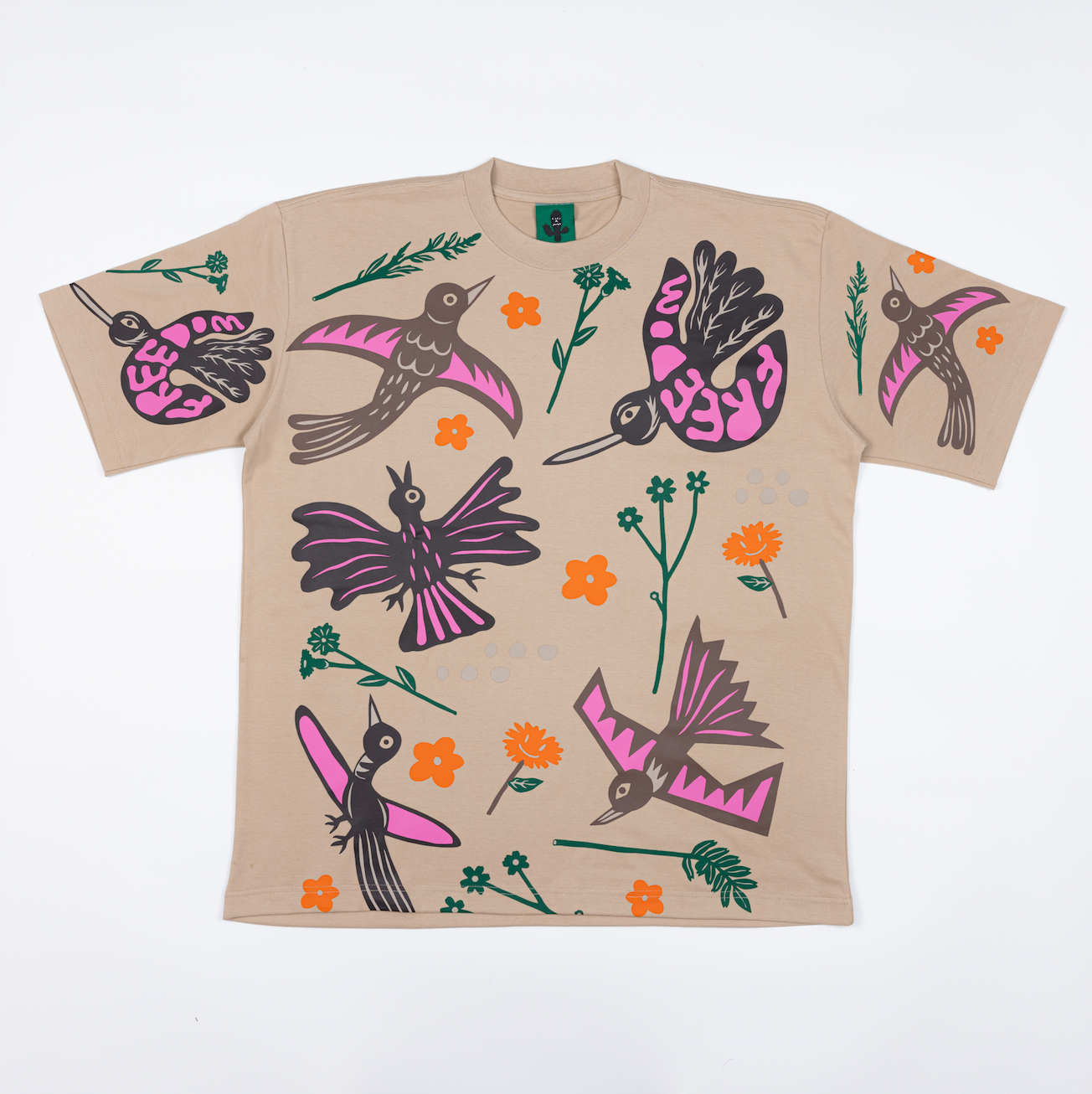 BS231 Oversize Cream  T SHIRT cotton Silkscreen Bird Pattern