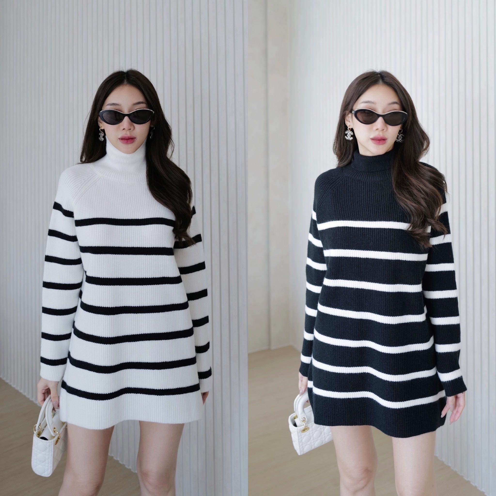 เสื้อแขนยาว / มินิเดรส คอเต่าลายริ้ว ผ้าหนานุ่มม สวยหรูดูแพง