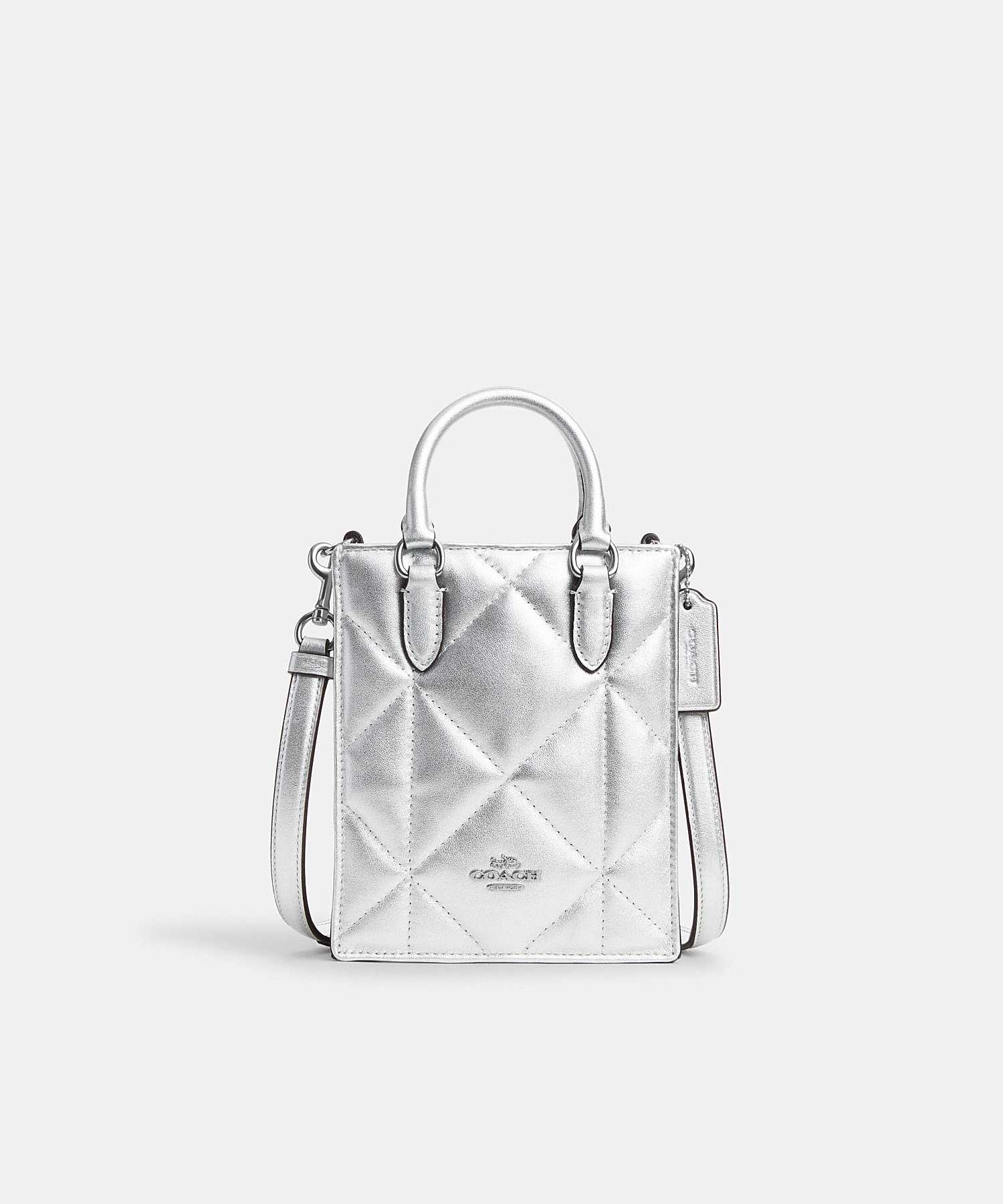 COACH NORTH SOUTH MINI TOTE IN SILVER METALLIC WITH PUFFY DIAMOND QUILTING  CM314 SV/EV