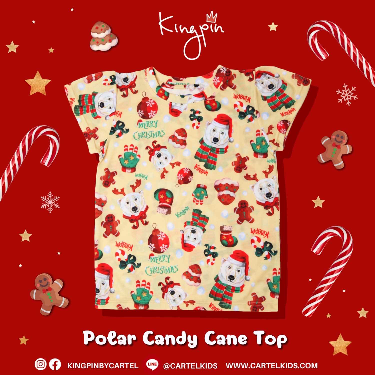 KINGPIN Polar Candy Cane Top เสื้อยืดเด็กแขนพองลายหมีคริสต์มาส Cartelkids