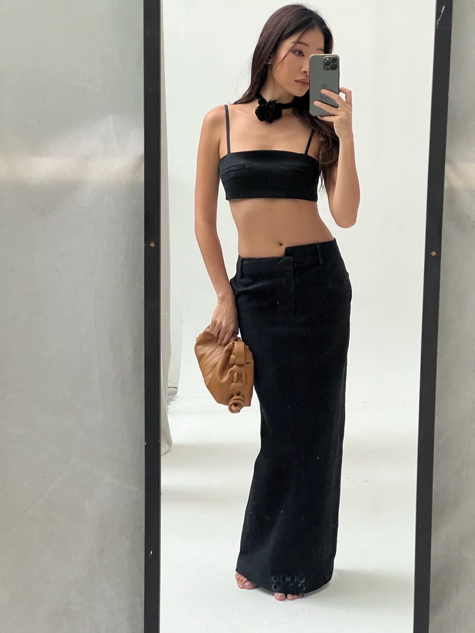 Low Waist Long Skirt in Black Denim