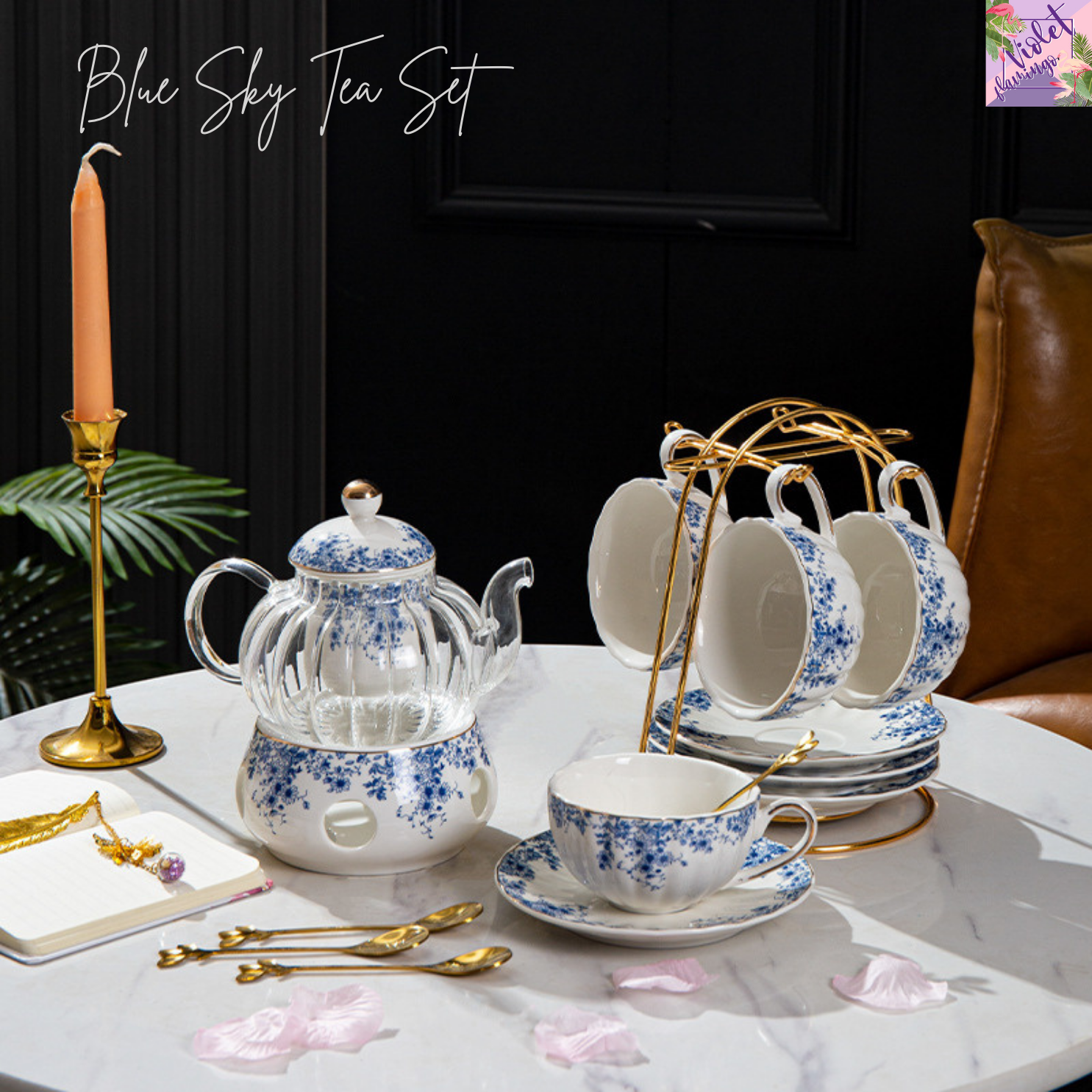 Blue Sky Tea Set  ชุดกาน้ำชาแบบใส พร้อมเตาอุ่น แก้วจานรอง 4 ชุด