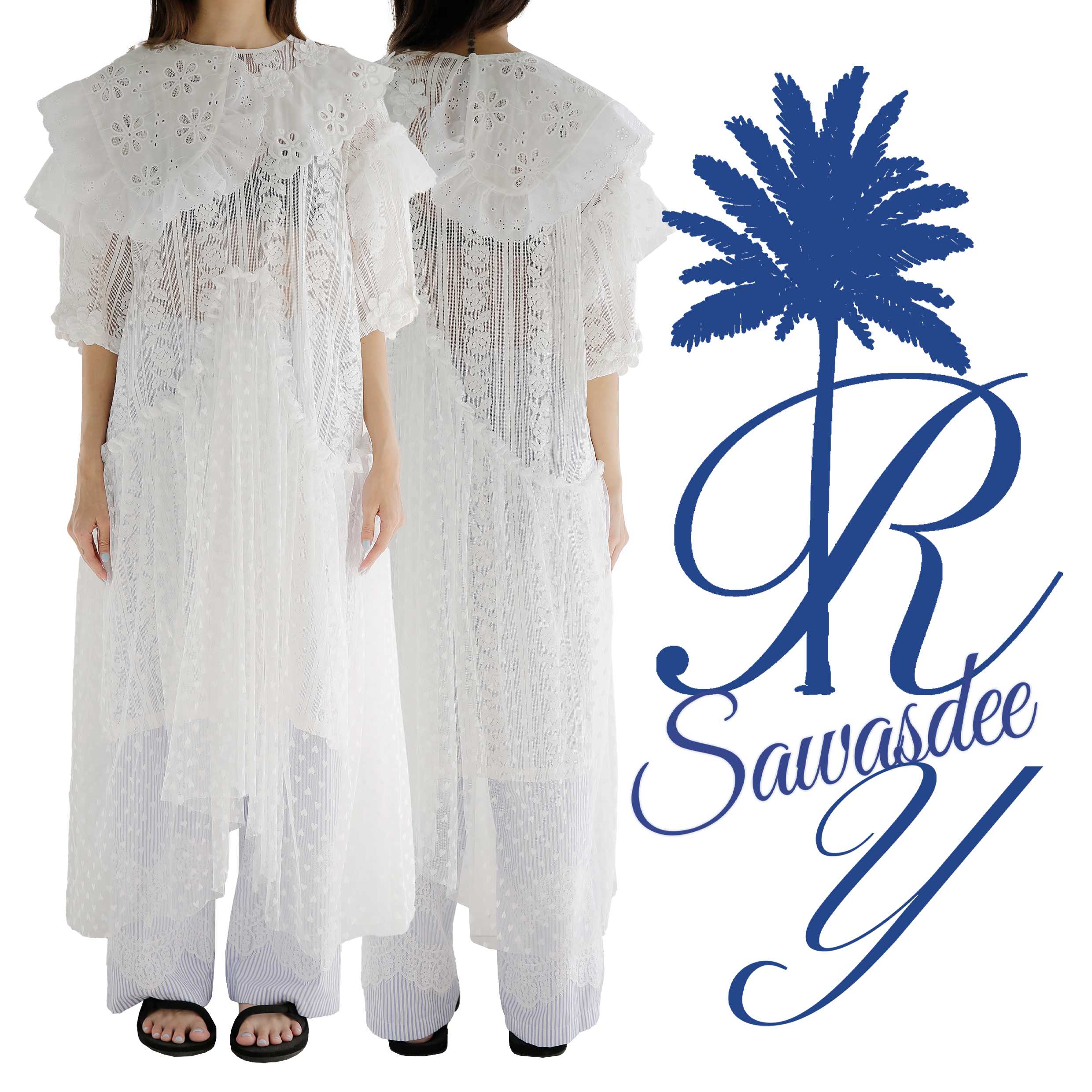 Rotsaniyom White lace dress with heart tulle mesh