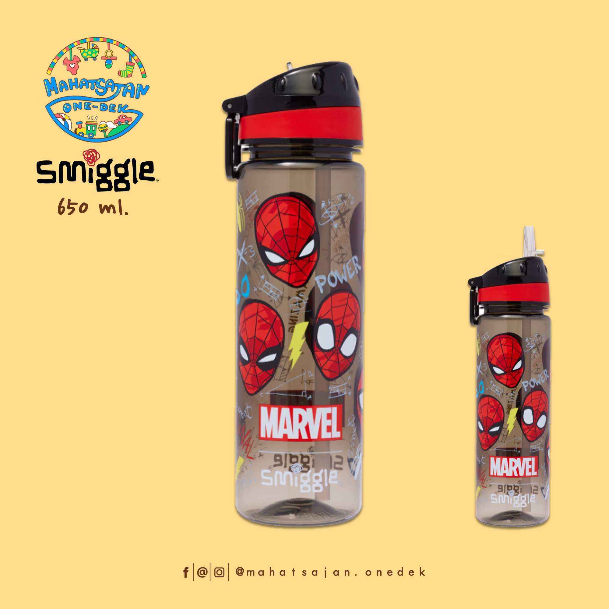 Smiggle Spider Man Drink Up Plastic Drink Bottle 650 ml. กระบอกน้ำพลาสติก หลอดดูด บรรจุ 650 มล.