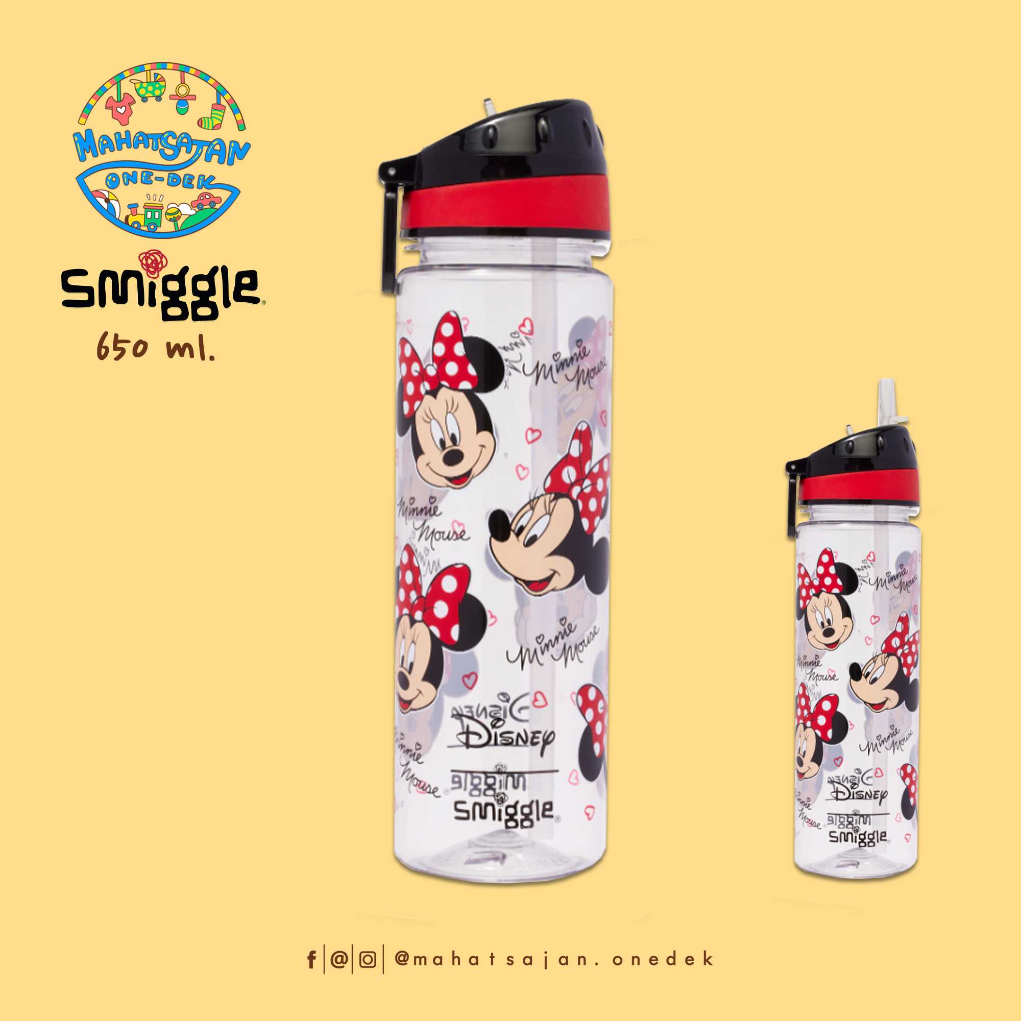 Smiggle Minnie Mouse Drink Up Plastic Drink Bottle 650 ml. กระบอกน้ำพลาสติก หลอดดูด บรรจุ 650 มล.