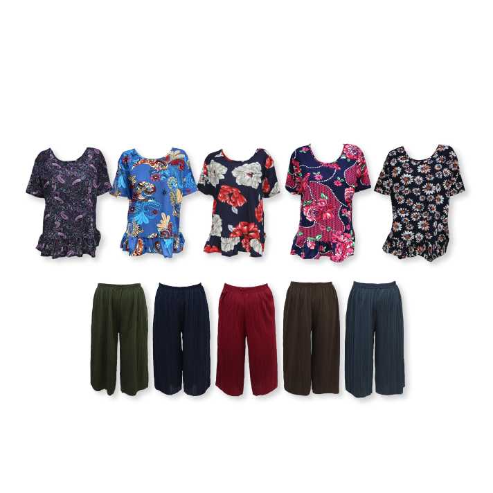 บุษยา เสื้อใส่สบายมีระบาย Free Size 5 ตัว แถมฟรี กางเกงพลีทห้าส่วน 5 ตัว 318391