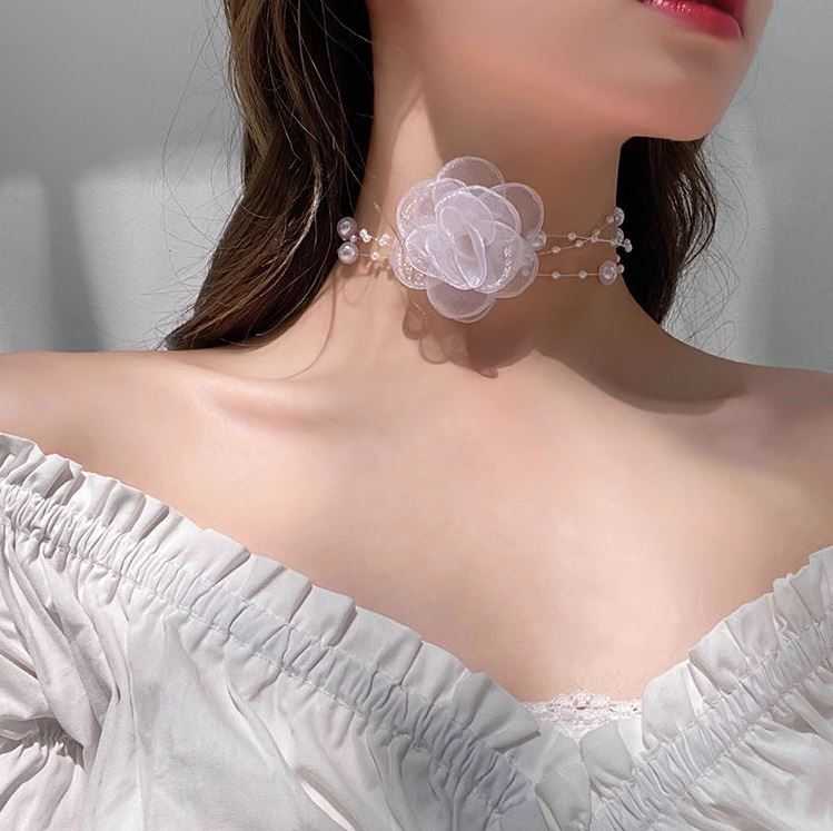 สร้อยโชคเกอร์ 🌹 สร้อยคอกุหลาบ สร้อยกุหลาบแก้ว Choker สร้อยติดคอ สร้อยคอดอกไม้ 🌹 ส่งฟรี 🌹