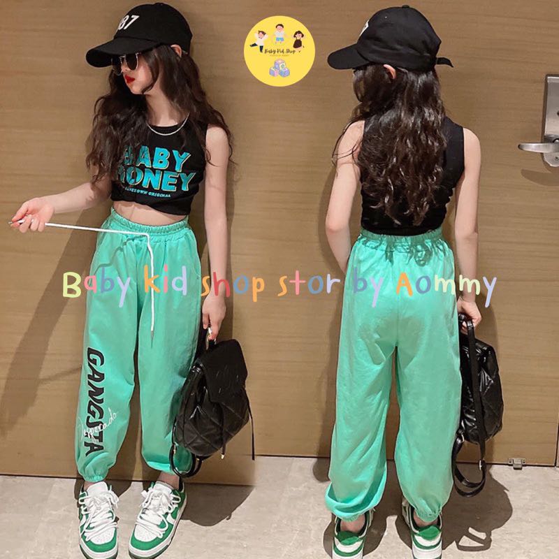 (พร้อมส่ง) ชุดเต้นเด็กแนวแดนซ์ ฮิปฮอปสีเขียวดำ ใส่เต้น ใส่เที่ยว น่ารักไปหมดจ้า