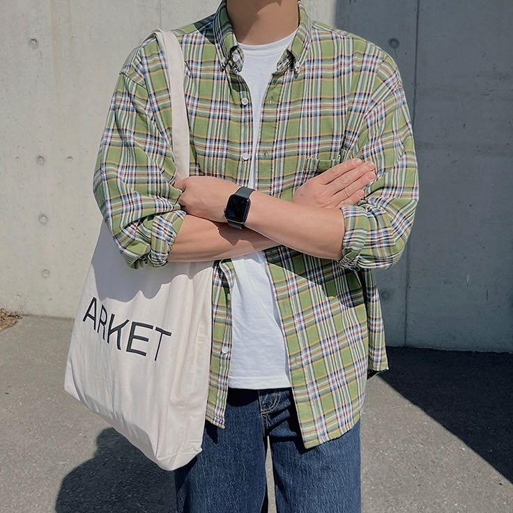 เสื้อเชิ้ตแขนยาวลายสก็อตเขียว