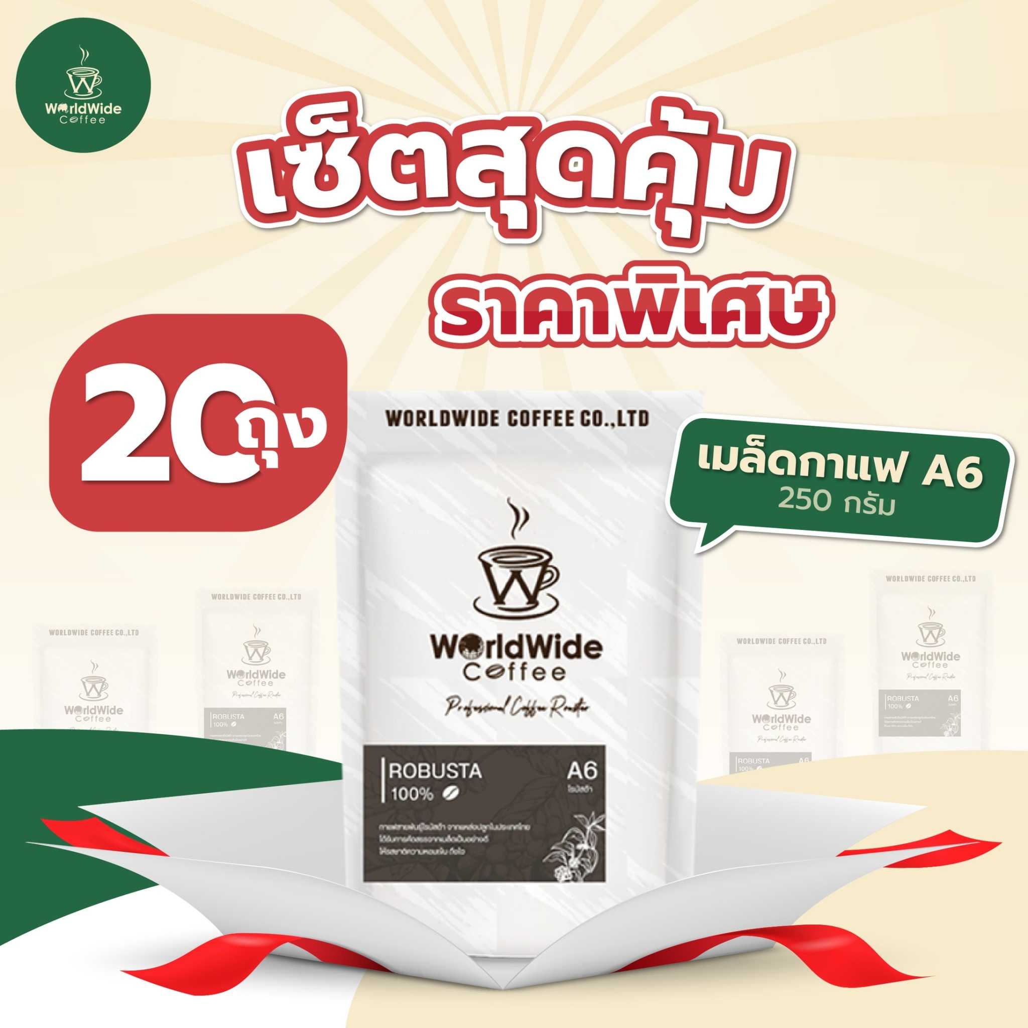 เมล็ดกาแฟโปรไฟล์ A6  ROBUSTA 100% / คั่วกลาง-เข้ม (20ถุง)