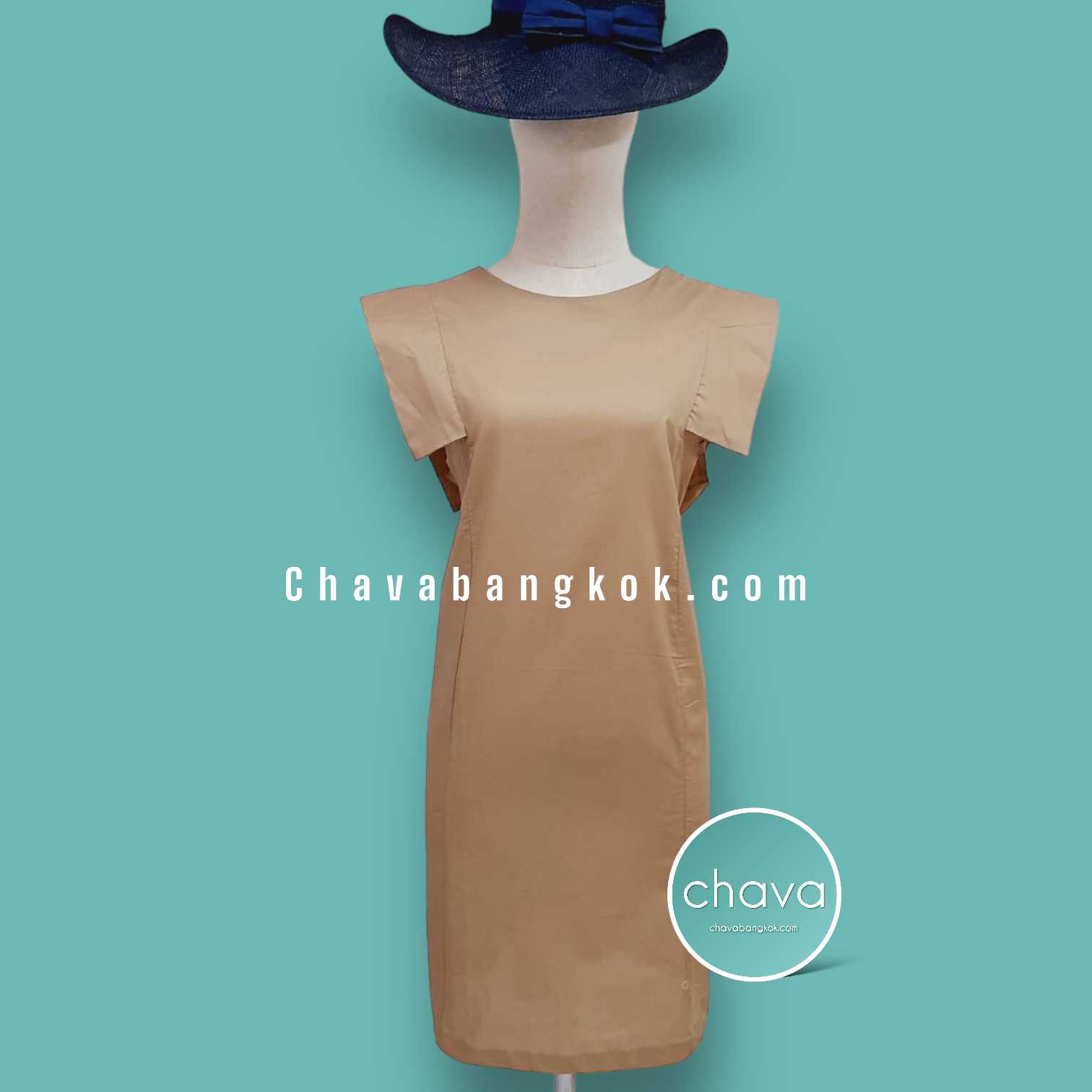 Mini Dress / ชุดเดรสสั้น สีน้ำตาลอ่อน คอกลม แขนปีก กระดุมหลัง มีกระเป๋า 2 ข้าง