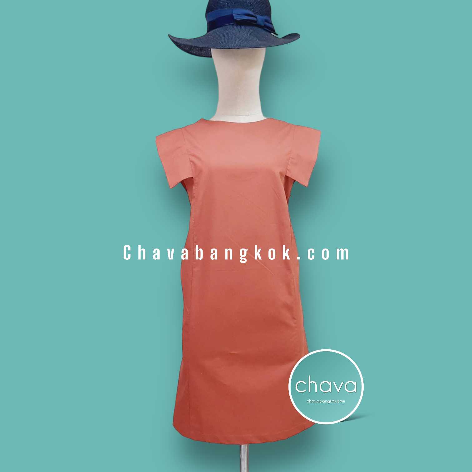 Mini Dress / ชุดเดรสสั้น สีอิฐ คอกลม แขนปีก กระดุมหลัง มีกระเป๋า 2 ข้าง